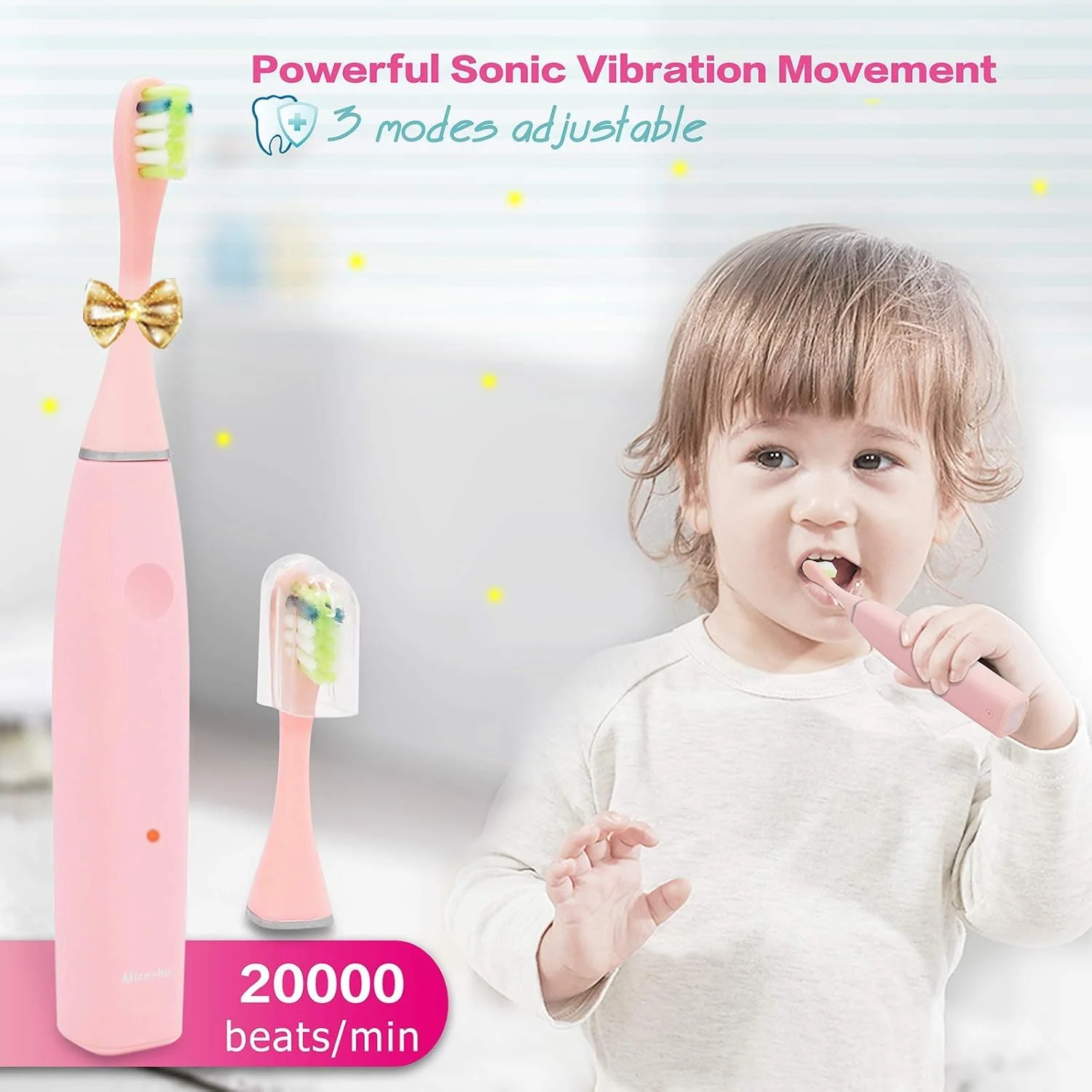 مسواک برقی کودکانه Miceeshu، مسواک صوتی نرم با پاکسازی قدرتمند دارای 3 حالت برای کودکان دختر و پسر بالای 3 سال، ضد آب مناسب دوش (صورتی) مسواک برقی کودکانه Miceeshu، مسواک صوتی نرم با پاکسازی قدرتمند دارای 3 حالت برای کودکان دختر و پسر بالای 3 سال، ضد آب مناسب دوش (صورتی)
