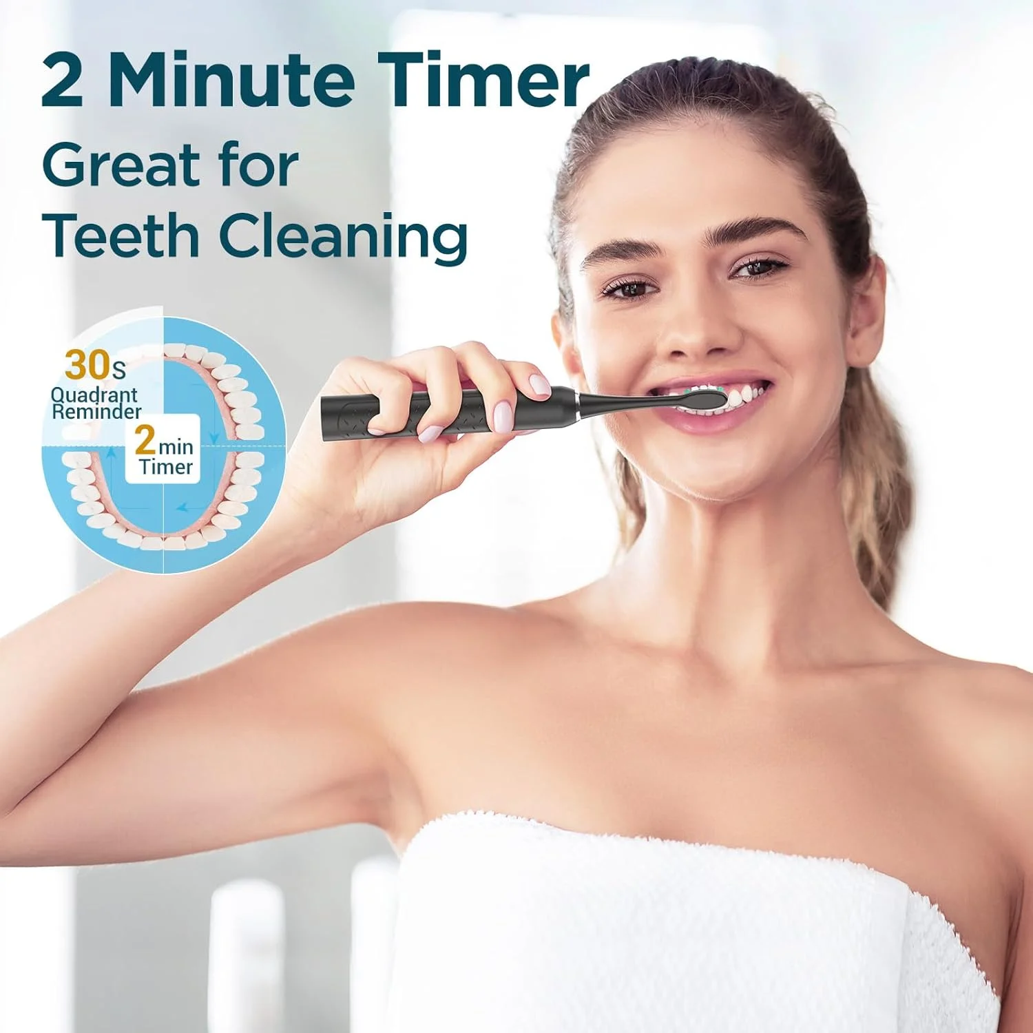 مسواک برقی، مسواک صوتی برای بزرگسالان و کودکان، مسواک برقی با 5 حالت، کیف مسافرتی، 40000VPM و 8 سر مسواک، عمر باتری 60 روزه، تایمر (مشکی مات)
