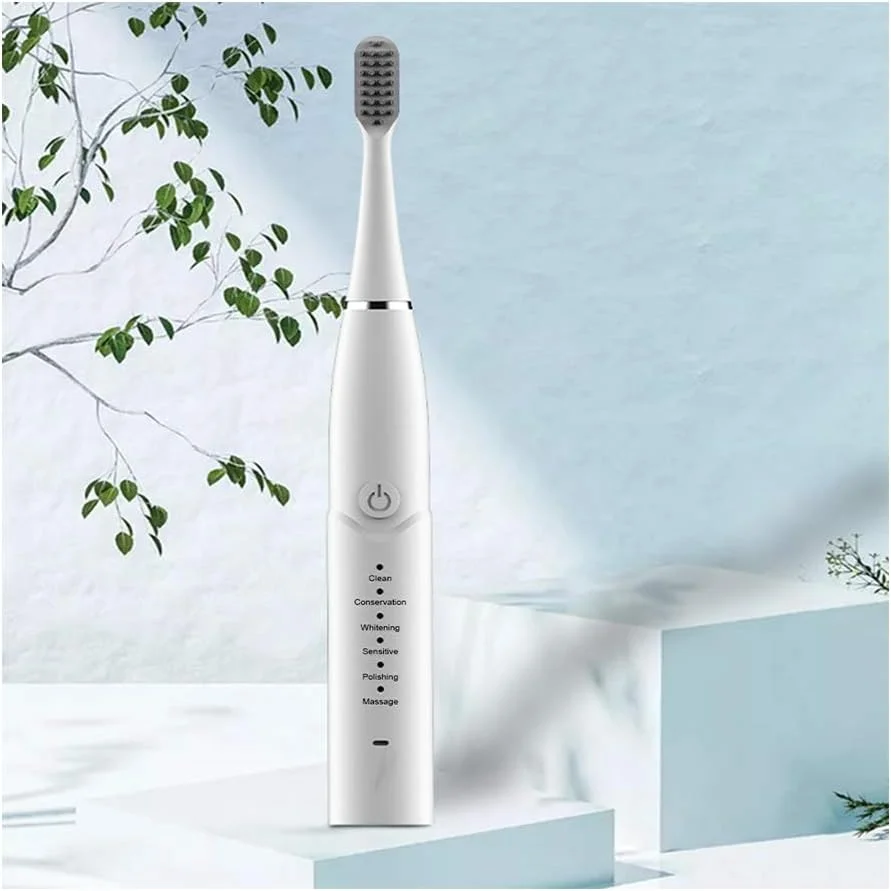 مسواک برقی سونیک با 6 حالت قدرتمند، 4 سری مسواک، مسواک قابل شارژ USB برای بزرگسالان، مسواک ضد آب IPX7 مناسب منزل/مسافرت، سفید