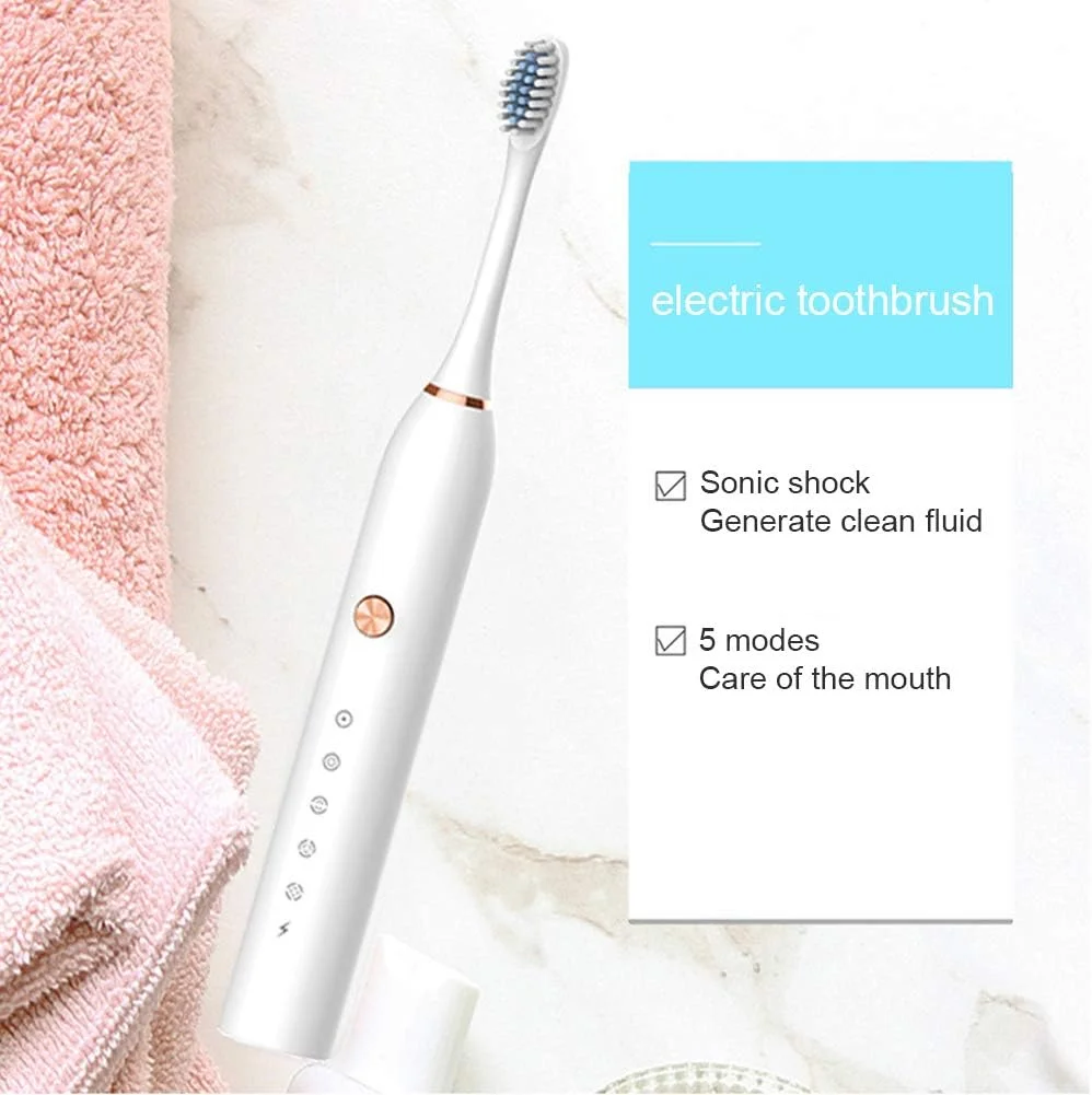 مسواک برقی، مسواک برقی صوتی با منبع تغذیه USB با 5 حالت قدرتمند، تایمر هوشمند 2 دقیقه ای و 2 سر برس، برای مسافرت یا استفاده در منزل، سفید