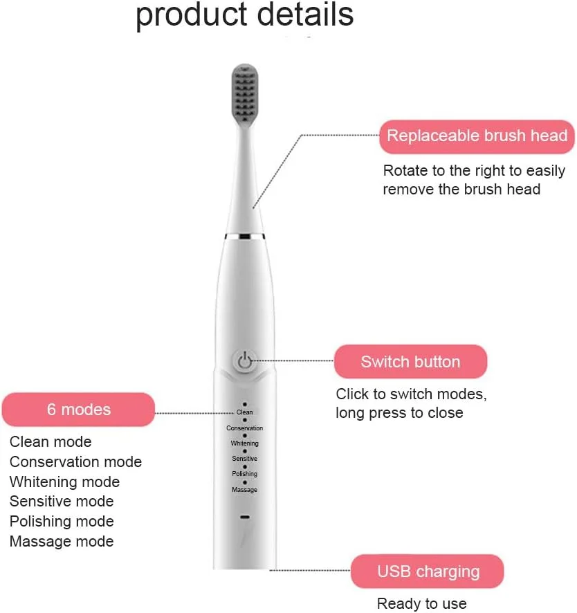 مسواک برقی سونیک با 6 حالت قدرتمند، 4 سری مسواک، مسواک قابل شارژ USB برای بزرگسالان، مسواک ضد آب IPX7 مناسب منزل/مسافرت، سفید