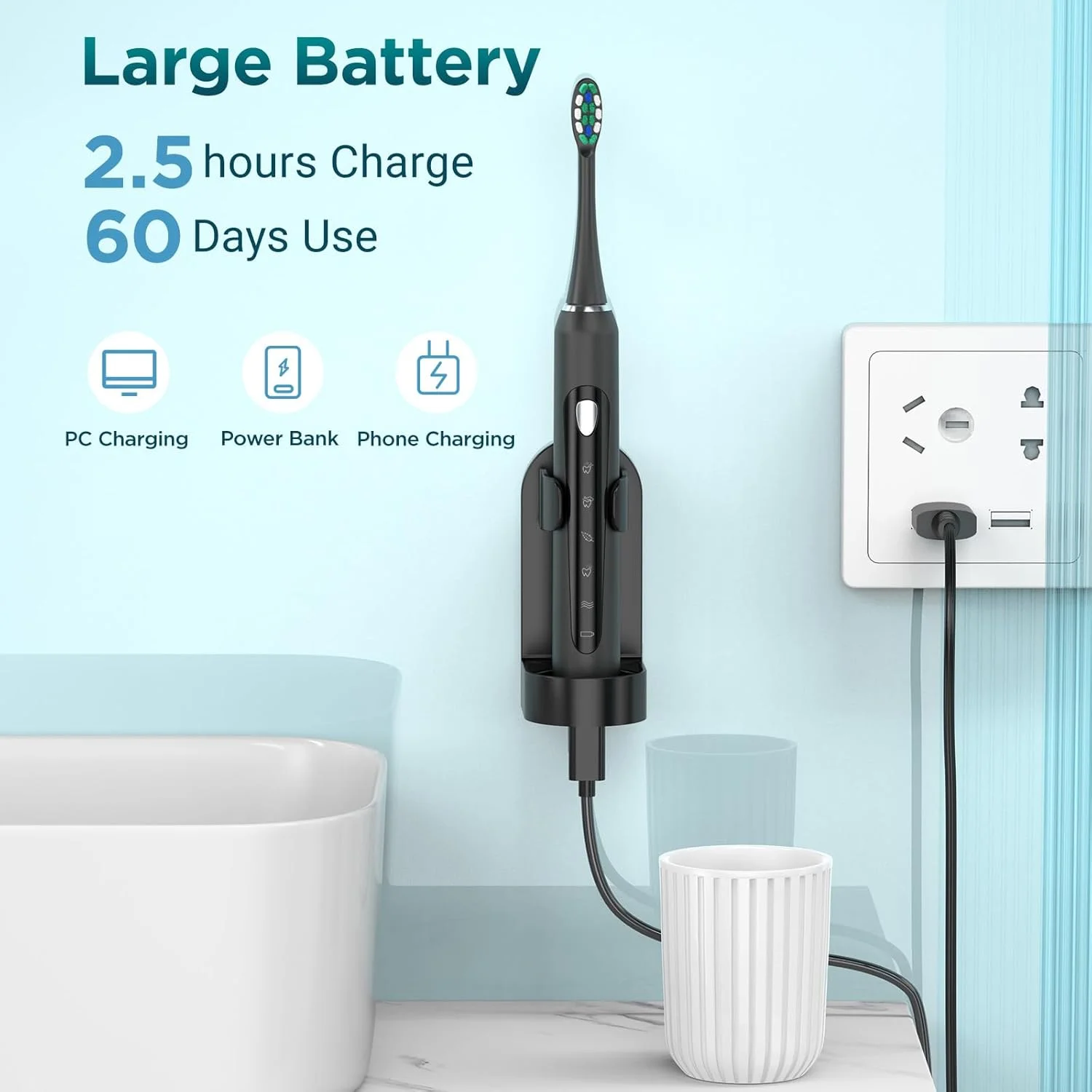 مسواک برقی، مسواک صوتی برای بزرگسالان و کودکان، مسواک برقی با 5 حالت، کیف مسافرتی، 40000VPM و 8 سر مسواک، عمر باتری 60 روزه، تایمر (مشکی مات)