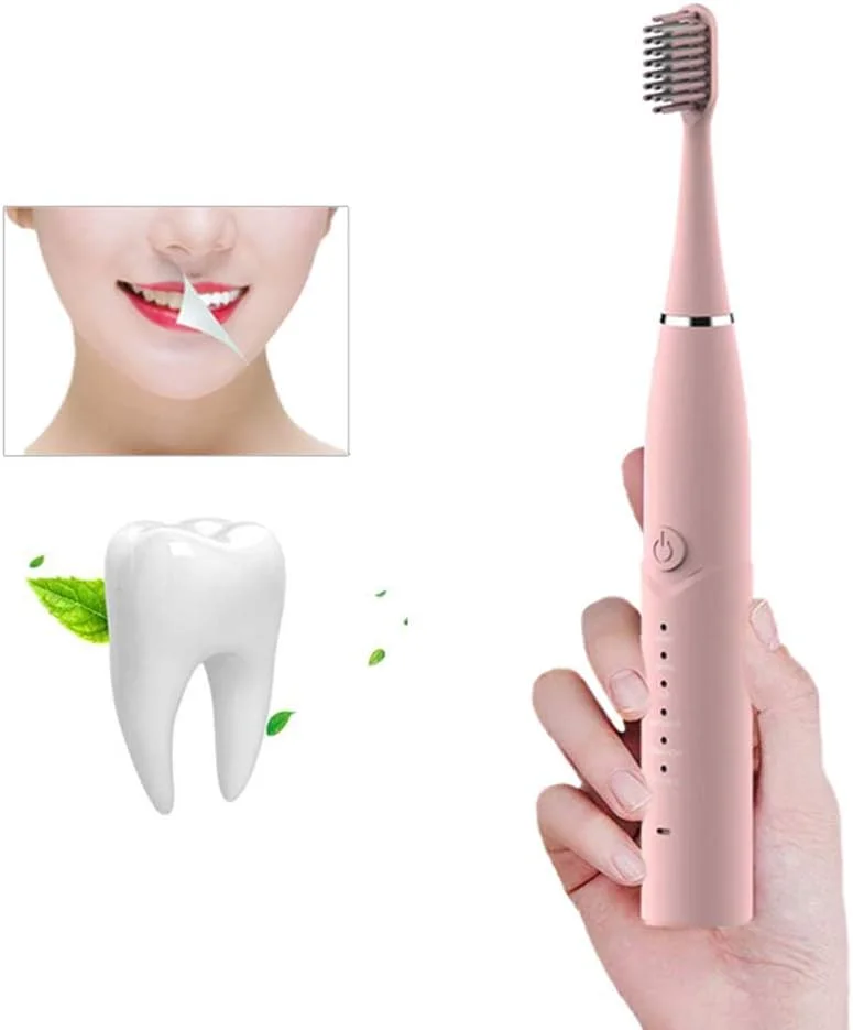 مسواک برقی با 6 حالت انتخابی، قابل شارژ USB، مسواک صوتی سفید کننده، مسواک مسافرتی با 4 سر مسواک برای بزرگسالان، مناسب سفر یا خانه، صورتی