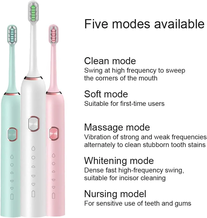 مسواک برقی سونیک با 5 حالت انتخابی، مسواک مسافرتی با 4 سری جایگزین و 1 کیف مسافرتی، شارژ سریع USB حداقل 60 روز استفاده، سفید