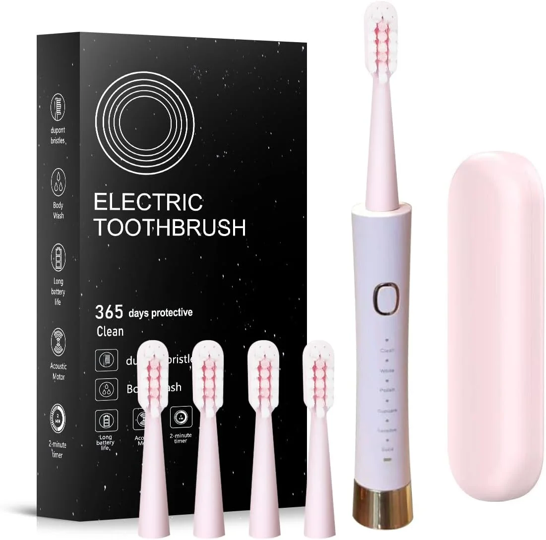 مسواک برقی سونیک، 6 حالت پاکسازی ضد آب سونیک، 4 سر برس و کیف قابل حمل، مناسب برای کودکان و بزرگسالان در سفر، کمپینگ، دوچرخه سواری، پیاده روی (صورتی)