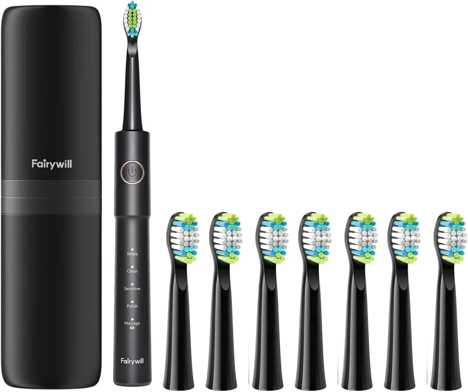 مسواک برقی مشکی Fairy E11 به همراه 8 سری مسواک - قابل شارژ با USB، ولتاژ کاری ≤36 ولت، باتری 260 میلی آمپر ساعت - مراقبت پیشرفته از دندان برای بزرگسالان