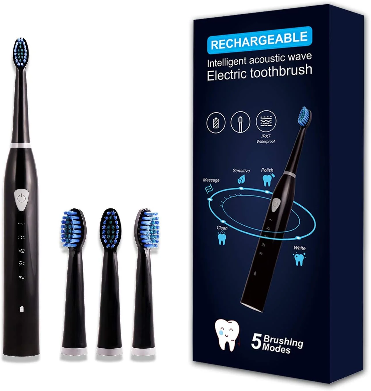 مسواک برقی صوتی قابل شارژ FEMBW برای بزرگسالان با 5 حالت، تایمر 2 دقیقه ای و 4 سری مسواک (مشکی)