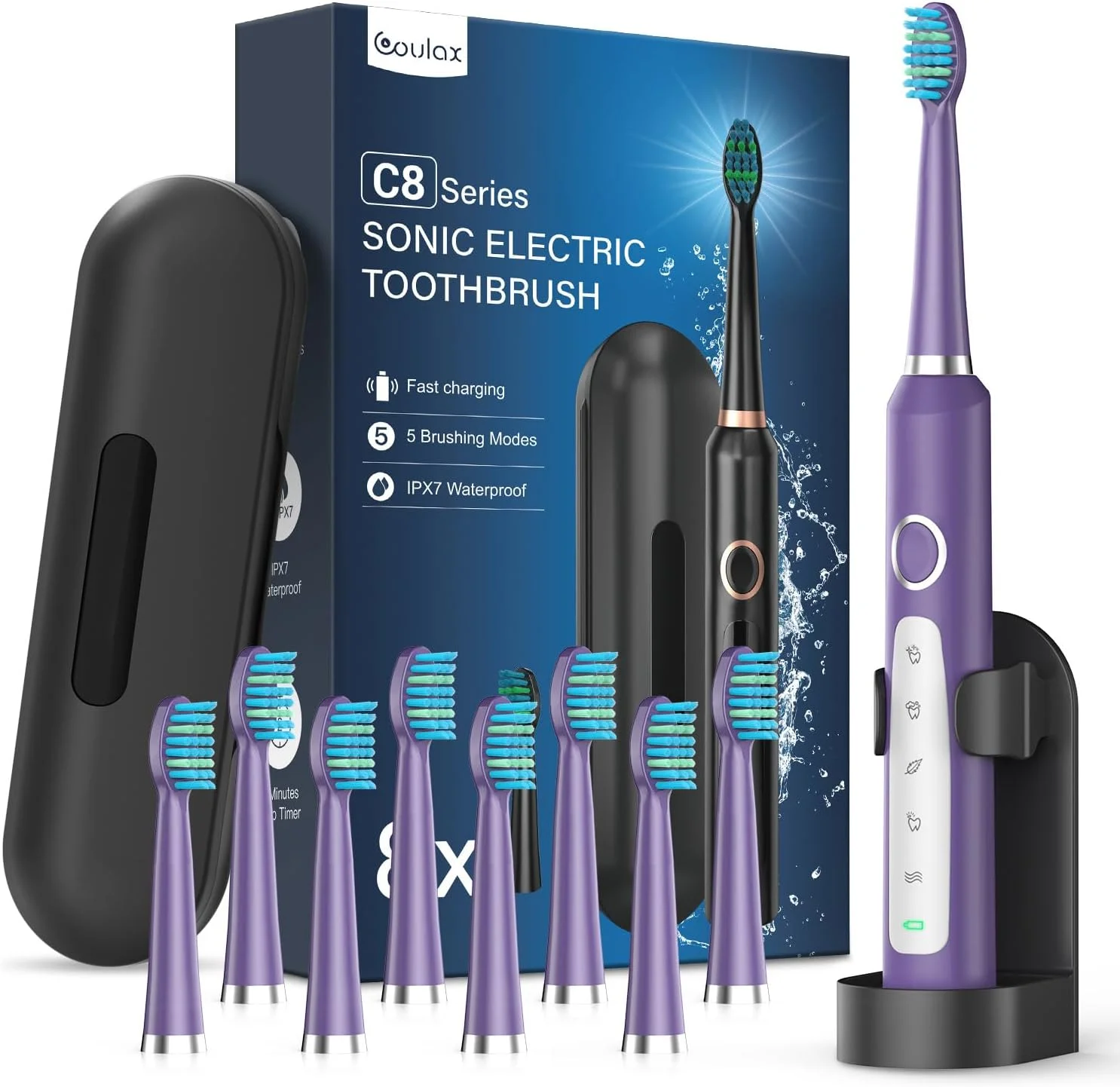 مسواک برقی صوتی COULAX برای بزرگسالان، با 8 سری مسواک، 5 حالت، مسواک برقی با جعبه، مسواک برقی اولتراسونیک IPX7 برای خانواده ها، مسافرت، بنفش تیره