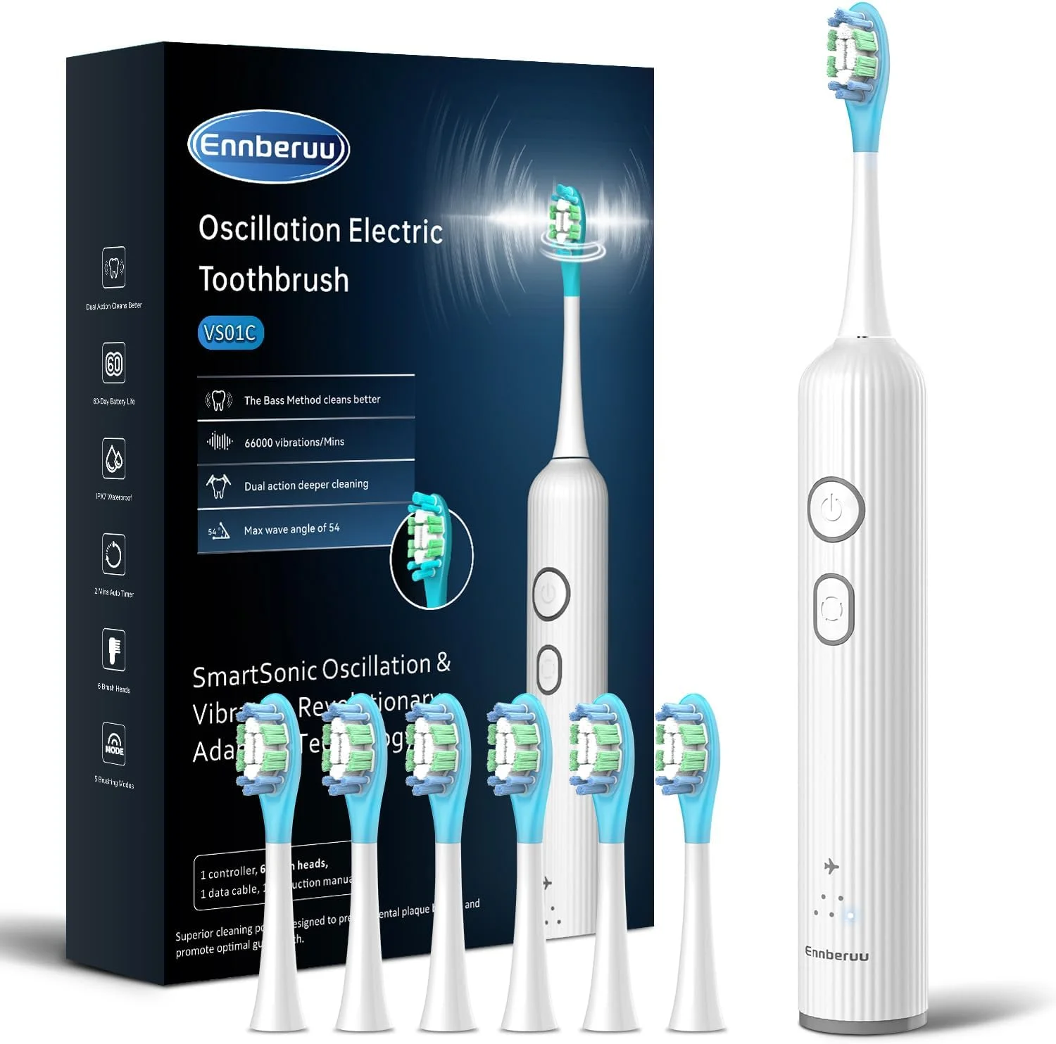 مسواک برقی ارتعاشی و نوسانی EnnbeRuu برای بزرگسالان و نوجوانان، مسواک برقی صوتی بی سیم با 6 سر برس، ضد آب IPX7، عمر باتری 60 روز