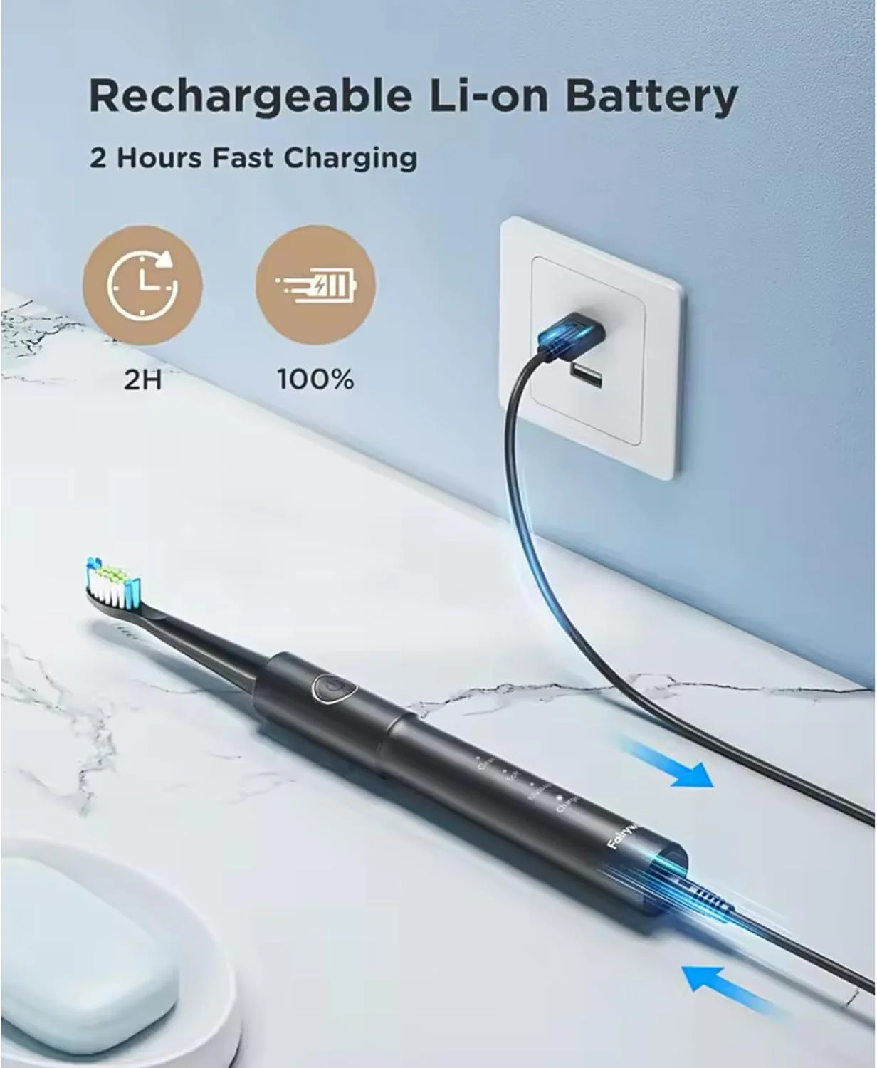 مسواک برقی مشکی Fairy E11 به همراه 8 سری مسواک - قابل شارژ با USB، ولتاژ کاری ≤36 ولت، باتری 260 میلی آمپر ساعت - مراقبت پیشرفته از دندان برای بزرگسالان