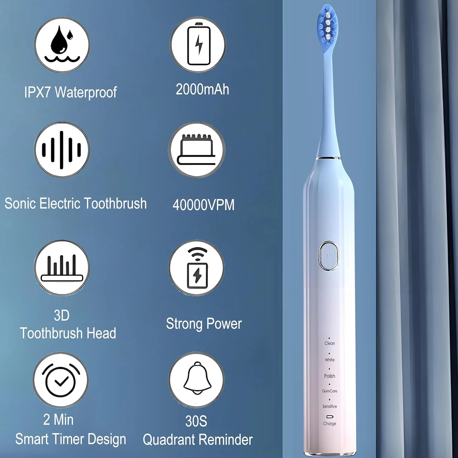 مسواک برقی صوتی بزرگسالان، 5 حالت تمیز کردن، تایمر هوشمند 2 دقیقه ای، ضد آب IPX7، موتور تعلیق، رنگ گرادیان (آبی، Y1)