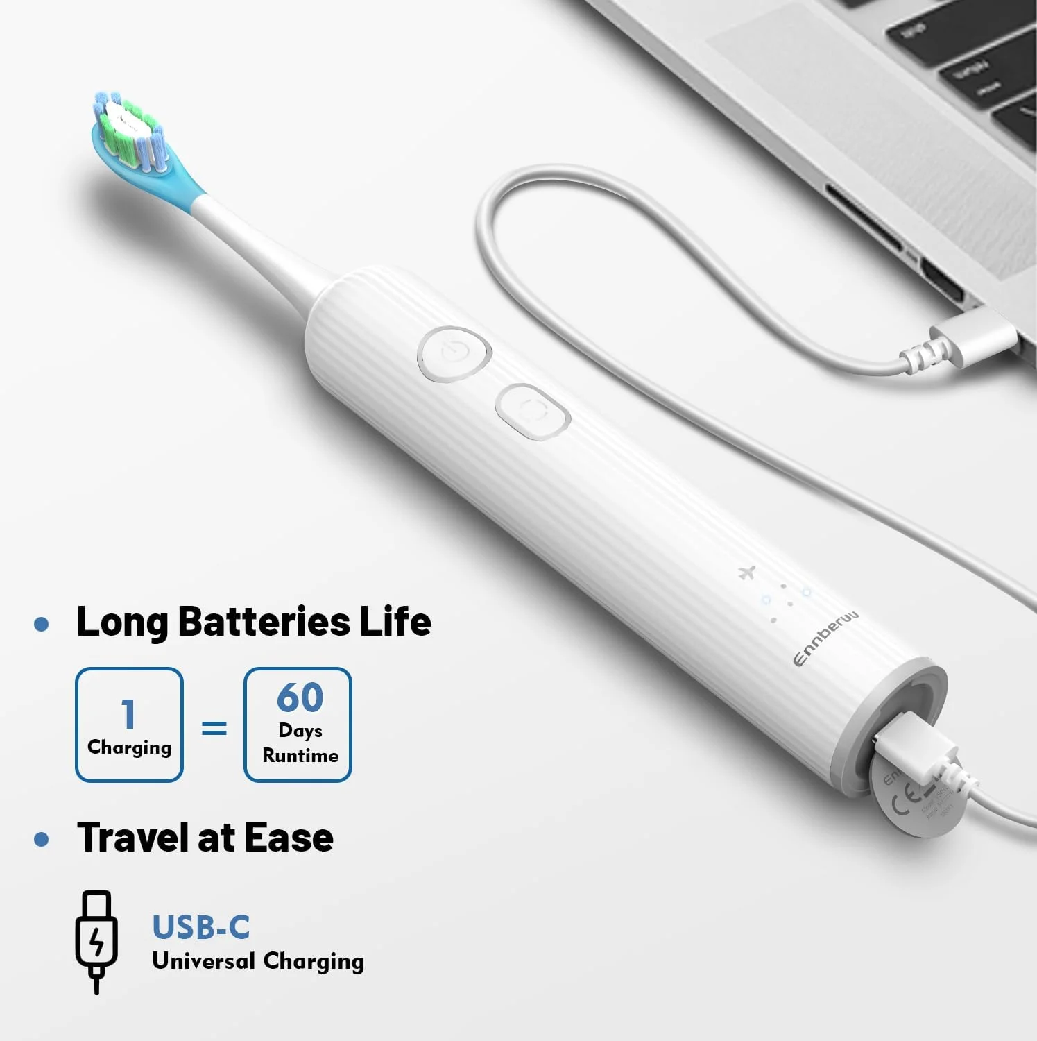 مسواک برقی ارتعاشی و نوسانی EnnbeRuu برای بزرگسالان و نوجوانان، مسواک برقی صوتی بی سیم با 6 سر برس، ضد آب IPX7، عمر باتری 60 روز