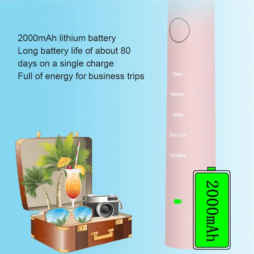 مسواک برقی صوتی GYNFJK با 2 سری مسواک، 5 حالت با تایمر 2 دقیقه ای داخلی، مسواک برقی برای بزرگسالان و نوجوانان، شارژ USB، ضد آب، توصیه شده توسط دندانپزشکان، صورتی