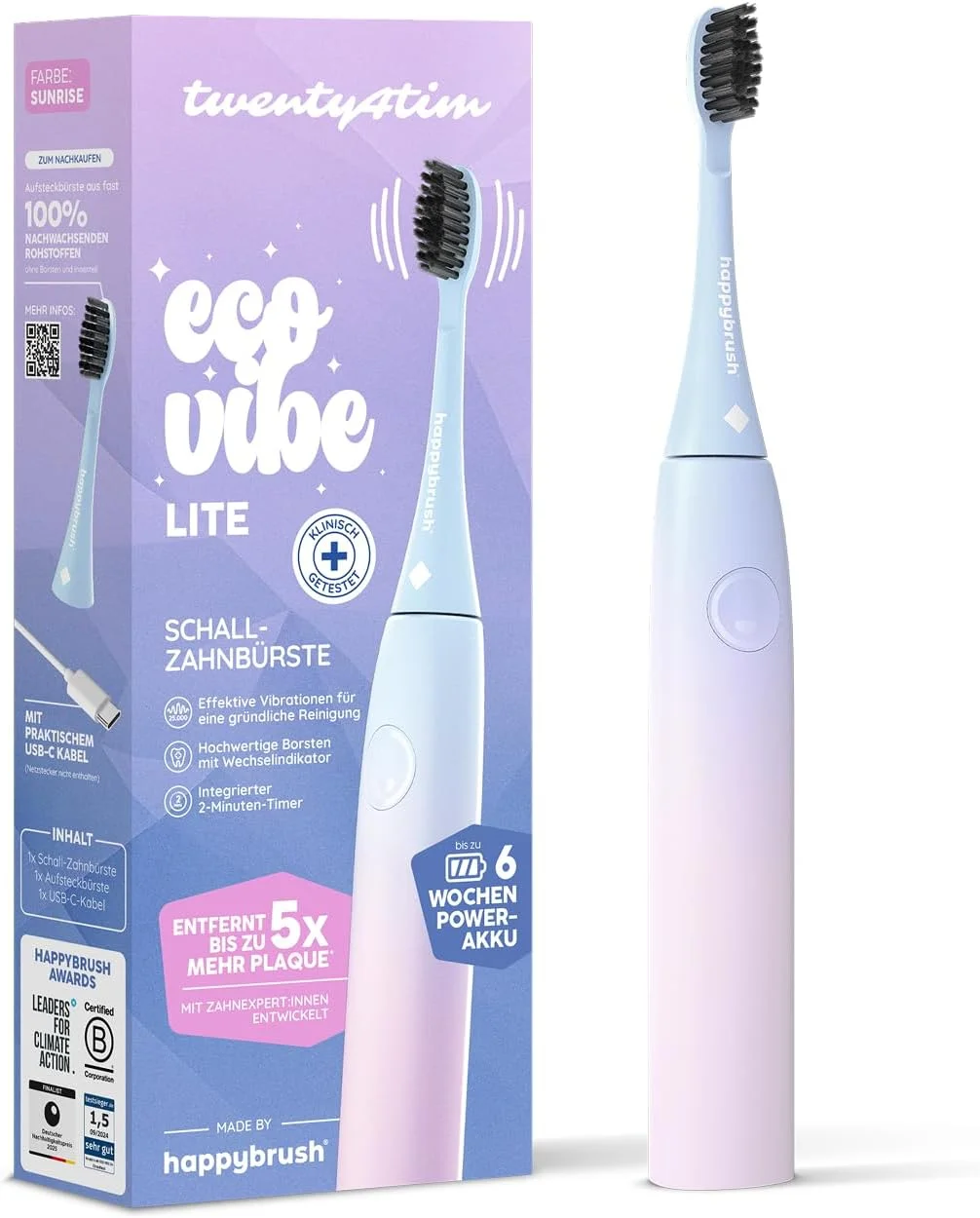 مسواک برقی happybrush مدل Eco Vibe Lite [برنده تست] ست استارتر - مسواک سونیک با باتری با دوام 6 هفته ای به همراه 1 عدد سری یدکی مسواک در رنگ های پاستلی