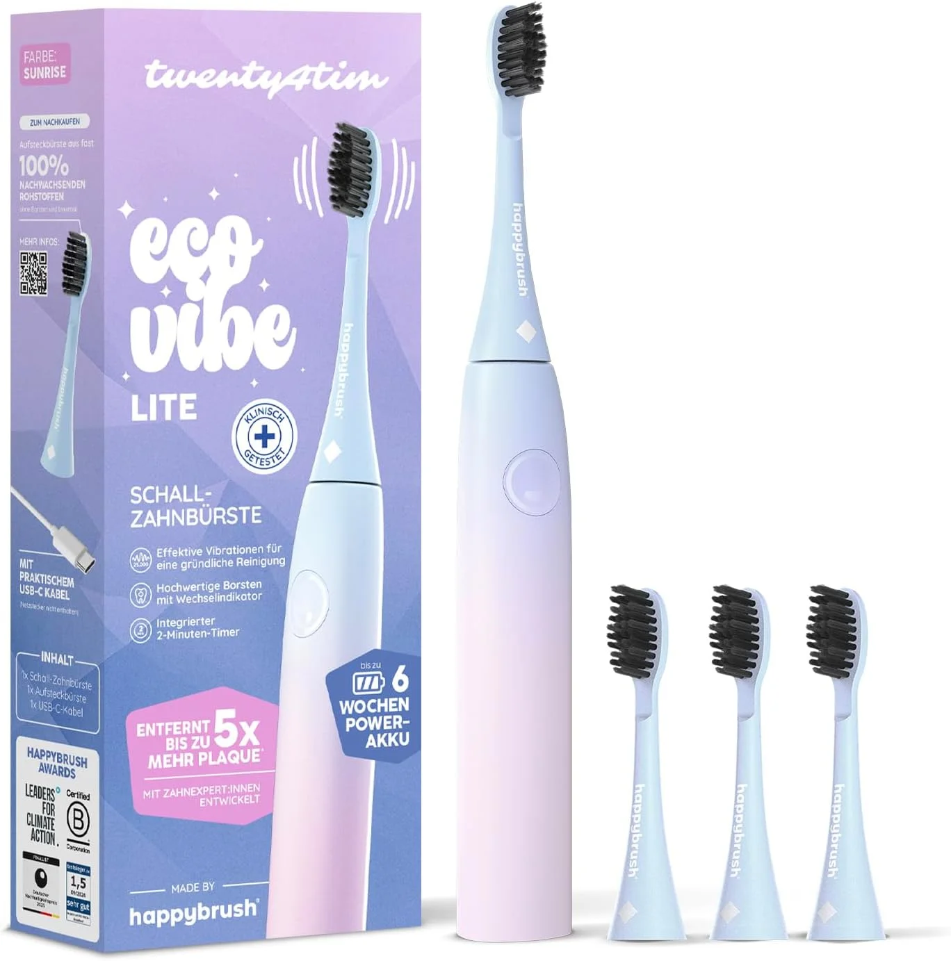 مسواک برقی happybrush مدل Eco Vibe Lite [برنده تست] ست استارتر - مسواک سونیک با باتری با دوام 6 هفته ای به همراه 3 سر یدکی مسواک، رنگ های پاستلی