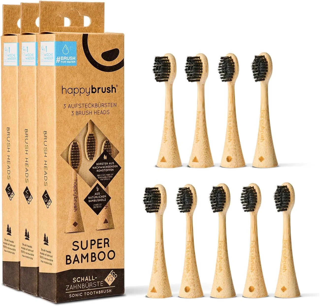 happybrush® Sustainable Bamboo Toothbrush Heads for Electric Sonic Toothbrush Eco VIBE 3 - Sensitive for Sensitive Teeth and Gums - Pack of 3
