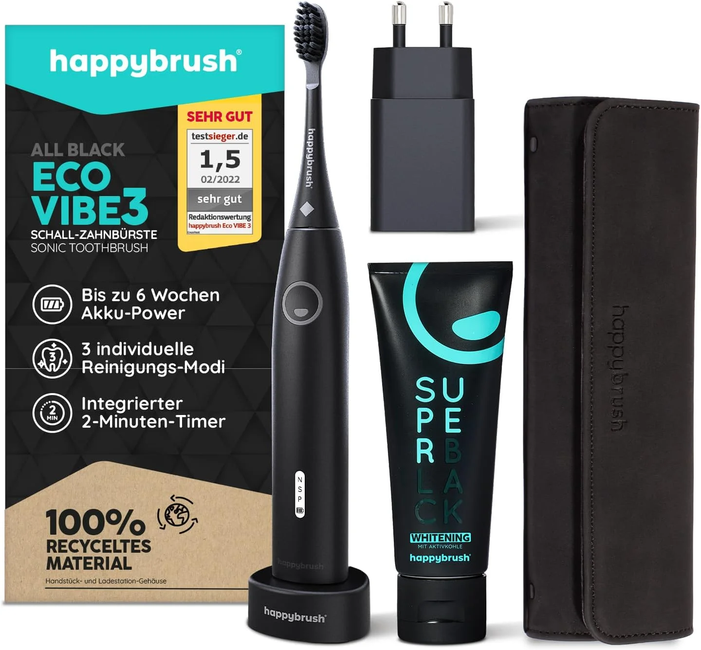 مسواک برقی سونیک happybrush مدل Eco Vibe 3 - برنده تست 2024 - مسواک برقی با باتری 6 هفته ای - مسواک های اولتراسونیک - شامل کیف مسافرتی و خمیر دندان - تمام مشکی