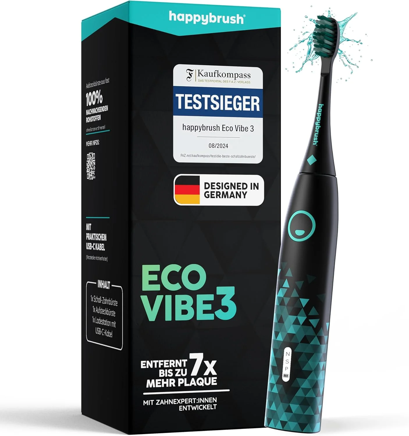 مسواک برقی سونیک Eco VIBE 3 هپی براش - مسواک پایدار با باتری با دوام 6 هفته ای به همراه 1 سری یدکی - ست مشکی-نعنایی