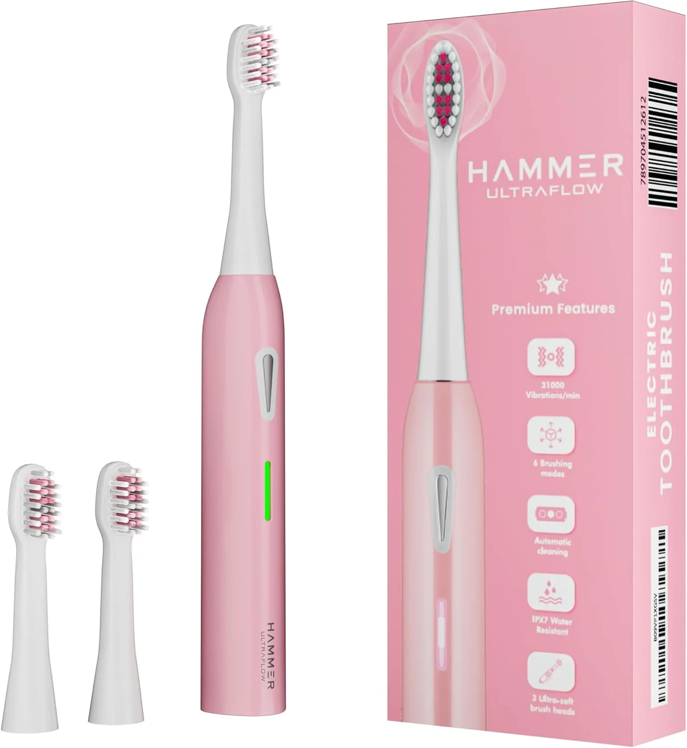 مسواک برقی الترا فلو Hammer به همراه 3 سری قابل تعویض، مناسب برای آقایان و بانوان، 6 حالت مسواک زدن، باتری قابل شارژ، ضد آب، 31000 دور در دقیقه، برس های فوق العاده نرم، برقی