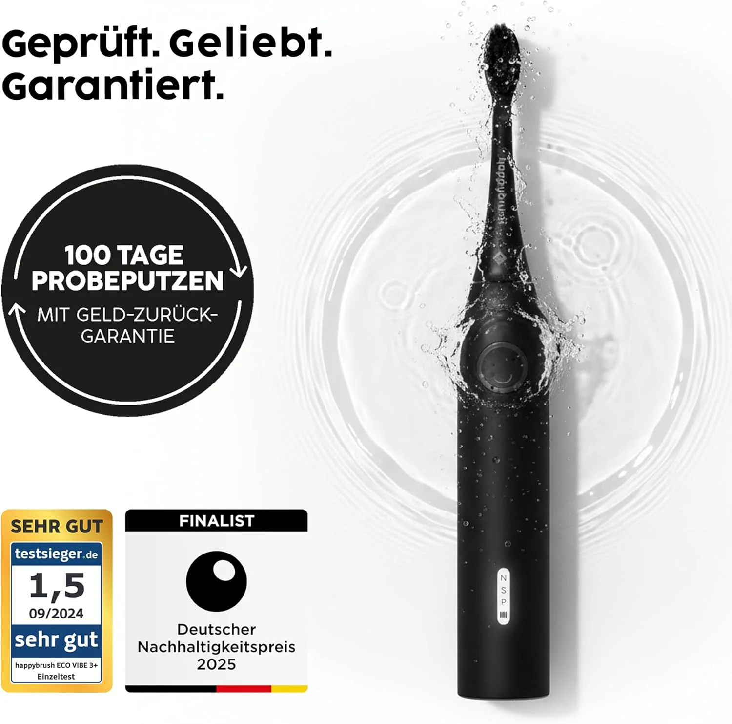 مسواک برقی سونیک هپی براش مدل AllBlack Eco VIBE 3+ - مسواک پایدار با باتری با عمر 8 هفته به همراه 1 سری جایگزین - بسته تک عددی AllBlack