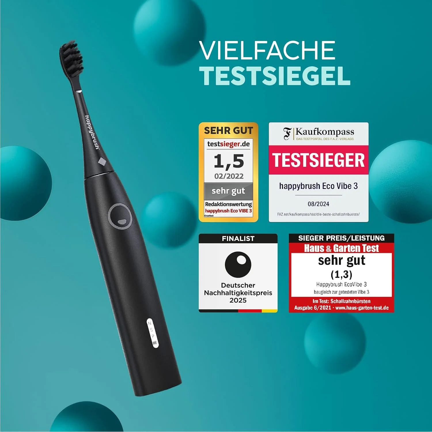 مسواک برقی سونیک happybrush مدل Eco Vibe 3 - برنده تست 2024 - مسواک برقی با باتری 6 هفته ای - مسواک های اولتراسونیک - شامل کیف مسافرتی و خمیر دندان - تمام مشکی