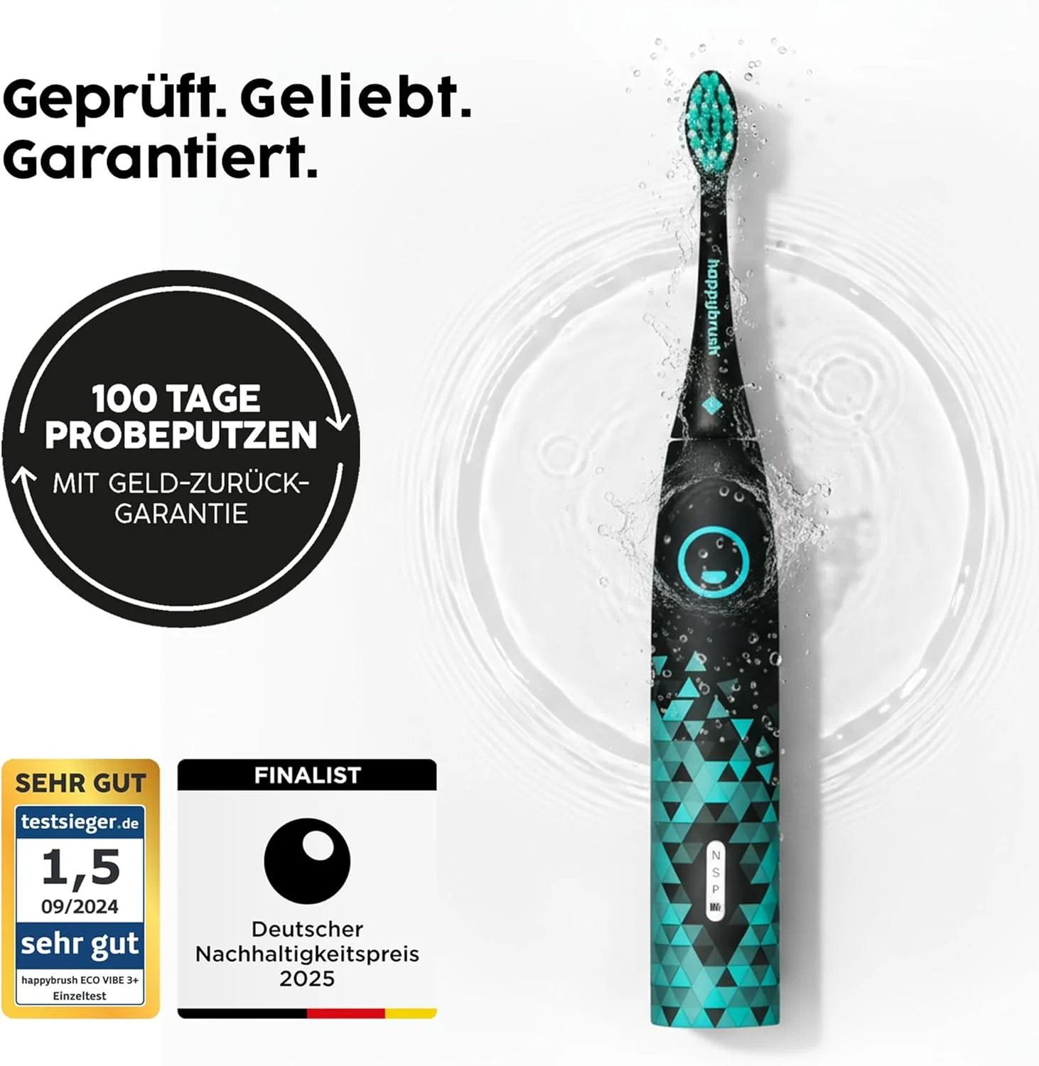 مسواک برقی سونیک Eco VIBE 3 هپی براش - مسواک پایدار با باتری با دوام 6 هفته ای به همراه 1 سری یدکی - ست مشکی-نعنایی