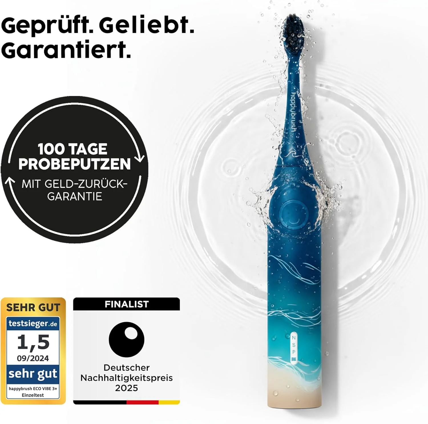 مسواک برقی سونیک هپی براش مدل Eco VIBE 3 Ocean با باتری 6 هفته ای به همراه 3 سری مسواک و خمیر دندان BrushforWater آبی