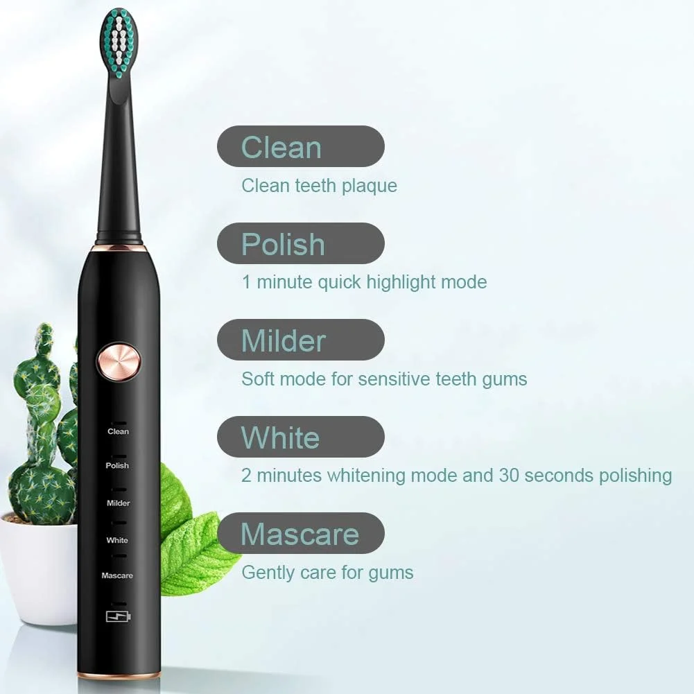 مسواک برقی GYNFJK، مسواک صوتی برای سفید کردن دندان، تایمر 2 دقیقه ای، 5 حالت تمیز کردن، 8 سری برس جایگزین، با شارژر USB، ضد آب IPX7
