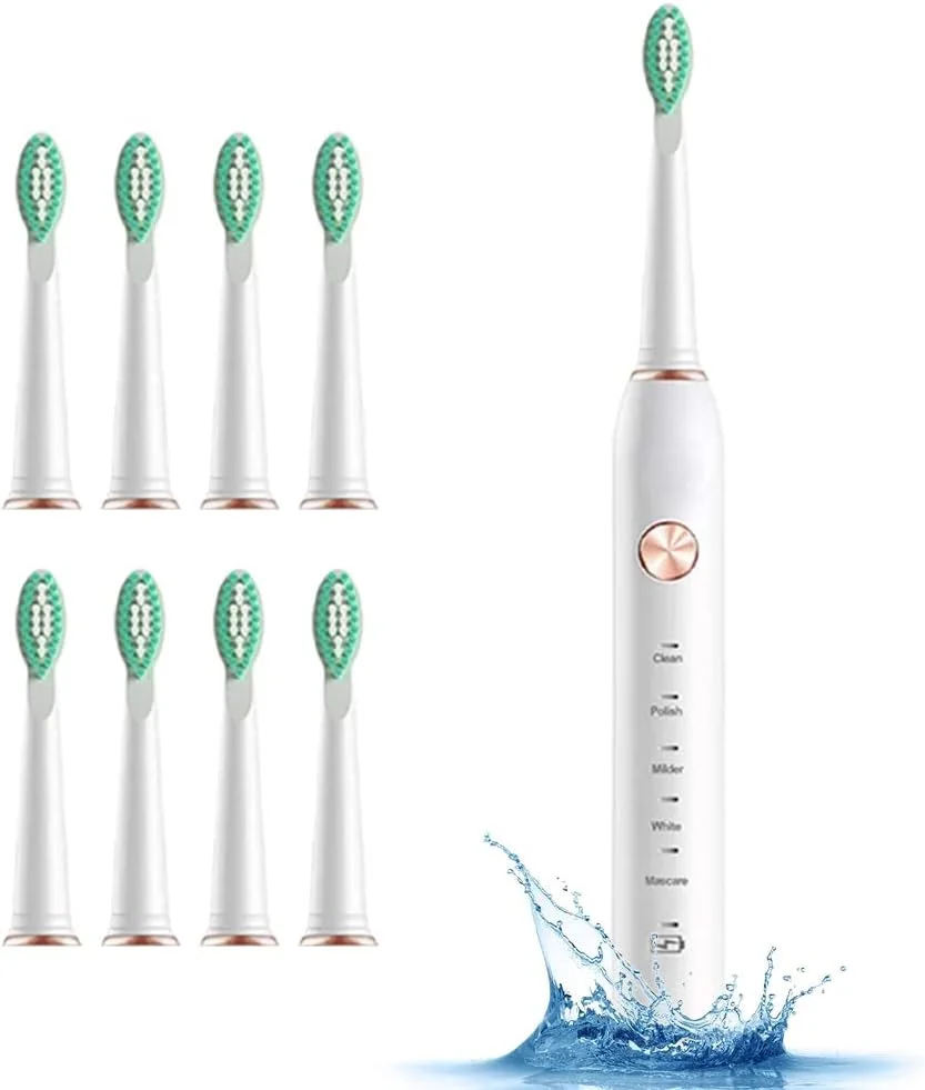 مسواک برقی صوتی بزرگسال GYNFJK، مسواک های قابل شارژ، 5 حالت با تایمر 2 دقیقه ای داخلی، مسواک قابل حمل مسافرتی با 8 سر برس، ضد آب