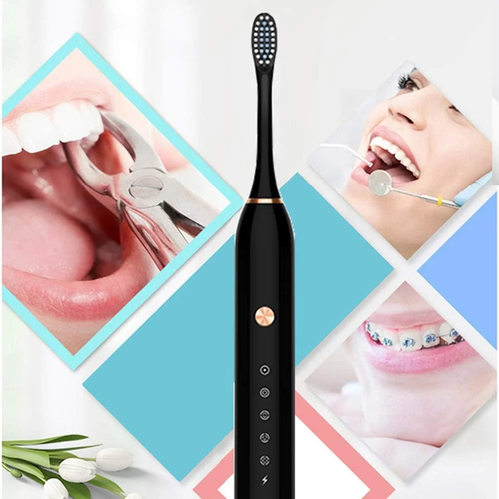 مسواک برقی صوتی GYNFJK با قابلیت شارژ USB، دارای 5 حالت تمیز کردن، تایمر 2 دقیقه ای و 8 سر برس سفید کننده، با 4 ساعت شارژ حداقل 60 روز استفاده، مشکی