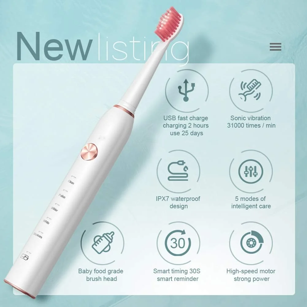 مسواک برقی صوتی بزرگسال GYNFJK، مسواک های قابل شارژ، 5 حالت با تایمر 2 دقیقه ای داخلی، مسواک قابل حمل مسافرتی با 8 سر برس، ضد آب