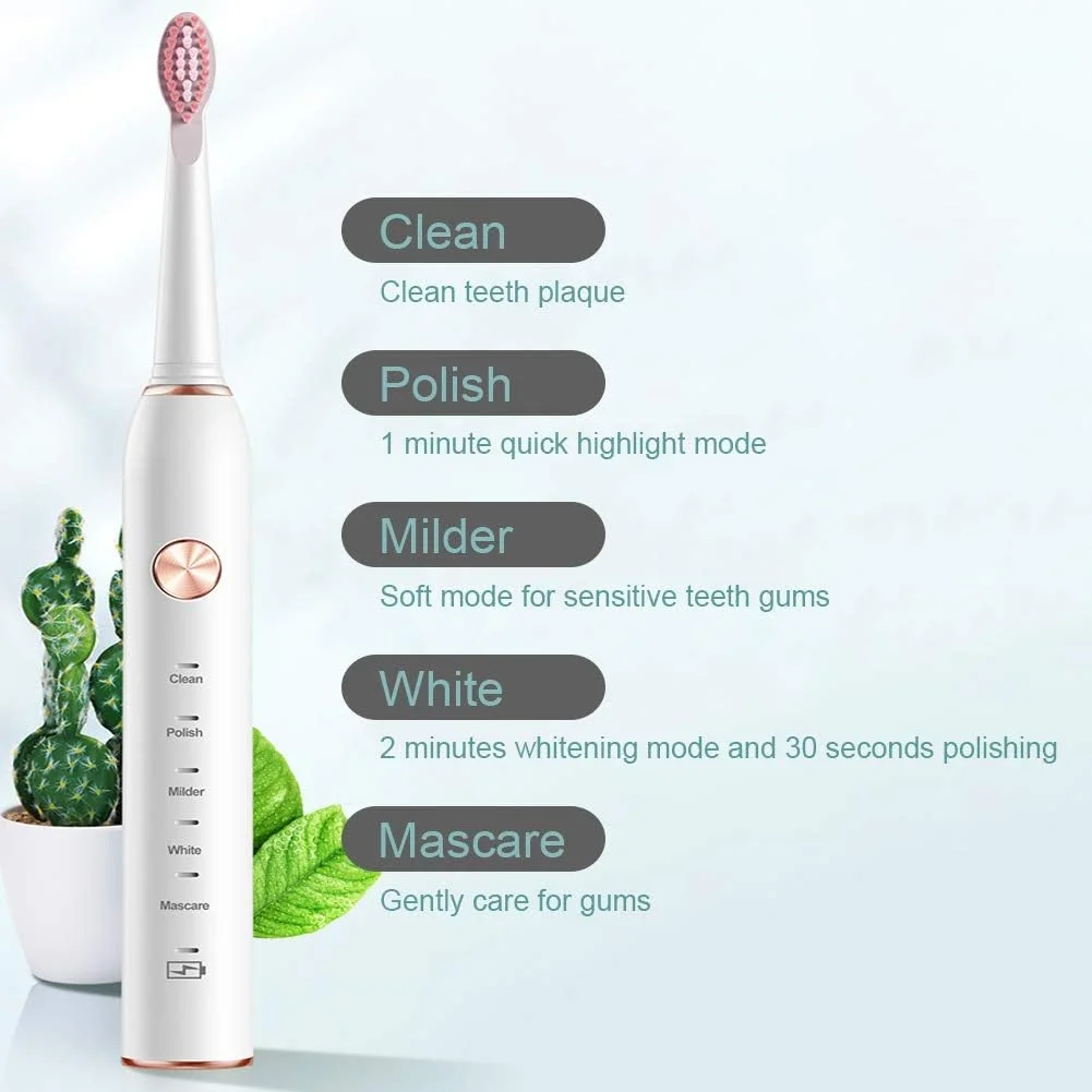 مسواک برقی صوتی بزرگسال GYNFJK، مسواک های قابل شارژ، 5 حالت با تایمر 2 دقیقه ای داخلی، مسواک قابل حمل مسافرتی با 8 سر برس، ضد آب