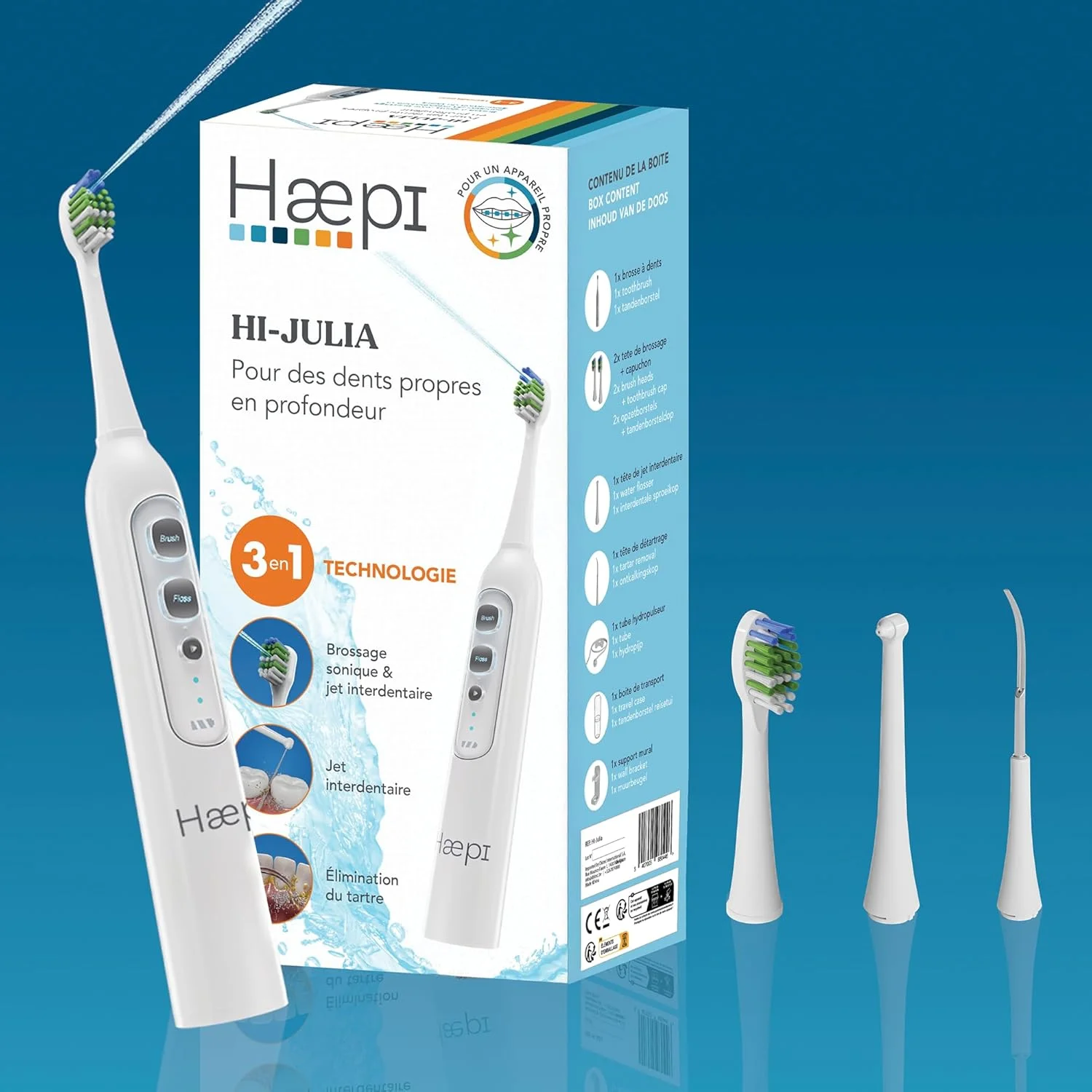 مسواک برقی سونیک هاپی جولیا 3 در 1 | برس + پرتو بین دندانی + جرم گیری | 48000 لرزش در دقیقه | قابل شارژ USB | برای لثه های حساس و ارتودنسی