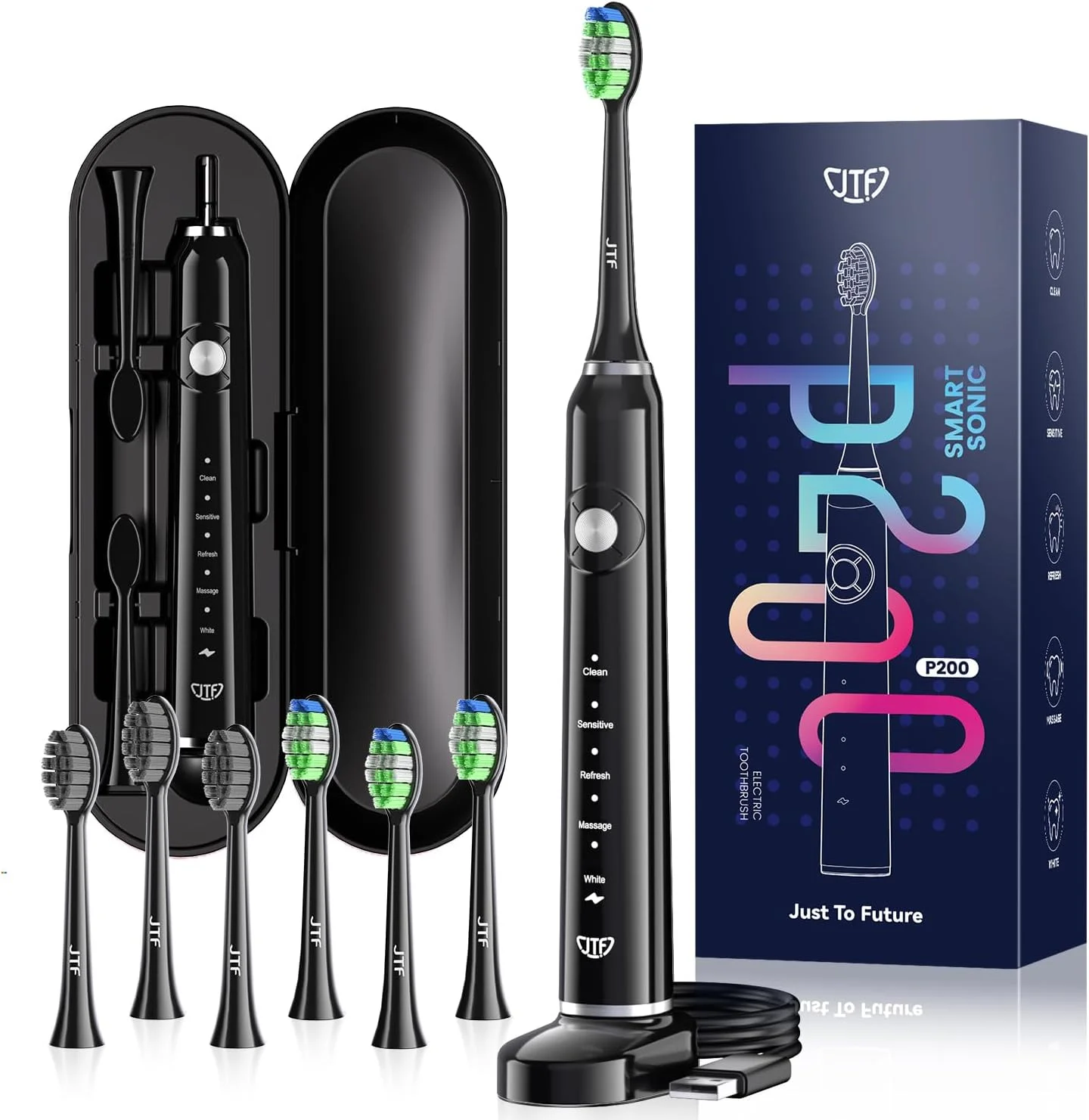 مسواک برقی JTF، تمیز کردن دندان ها مانند دندانپزشک، قابل شارژ، 12 ساعت شارژ، 60 روز استفاده، 5 حالت انتخابی، 6 سری مسواک (مشکی)