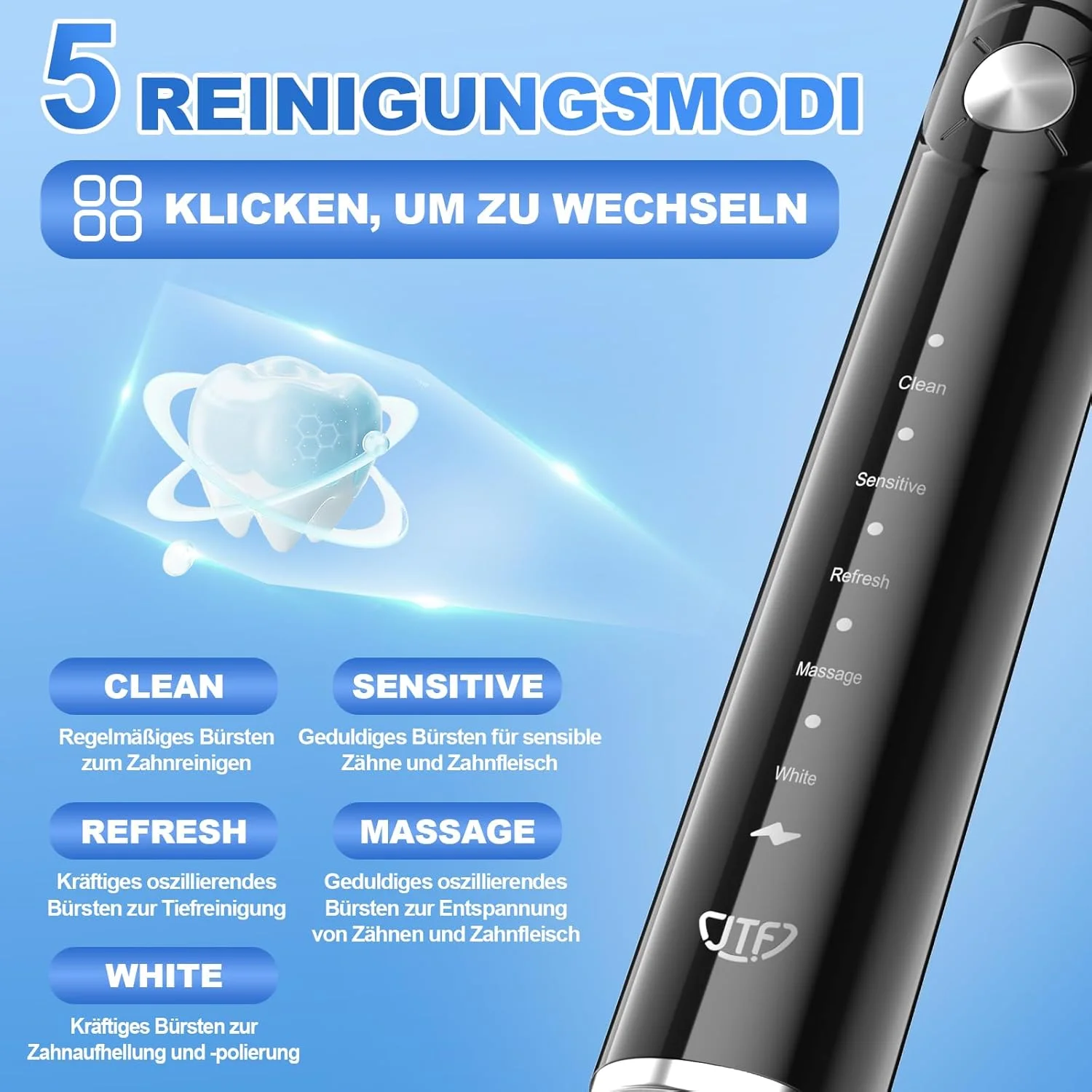 مسواک برقی JTF، تمیز کردن دندان ها مانند دندانپزشک، قابل شارژ، 12 ساعت شارژ، 60 روز استفاده، 5 حالت انتخابی، 6 سری مسواک (مشکی)