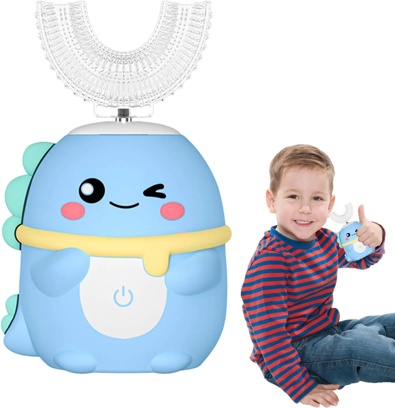 مسواک برقی U شکل کودکانه - مسواک برقی التراسونیک U شکل کودکانه، مراقبت از دهان و دندان با ویبره طرح دایناسور کارتونی برای کودکان 2 تا 6 سال، جلوگیری از پوسیدگی و تشویق به عادت مسواک زدن برای پسران و دختران