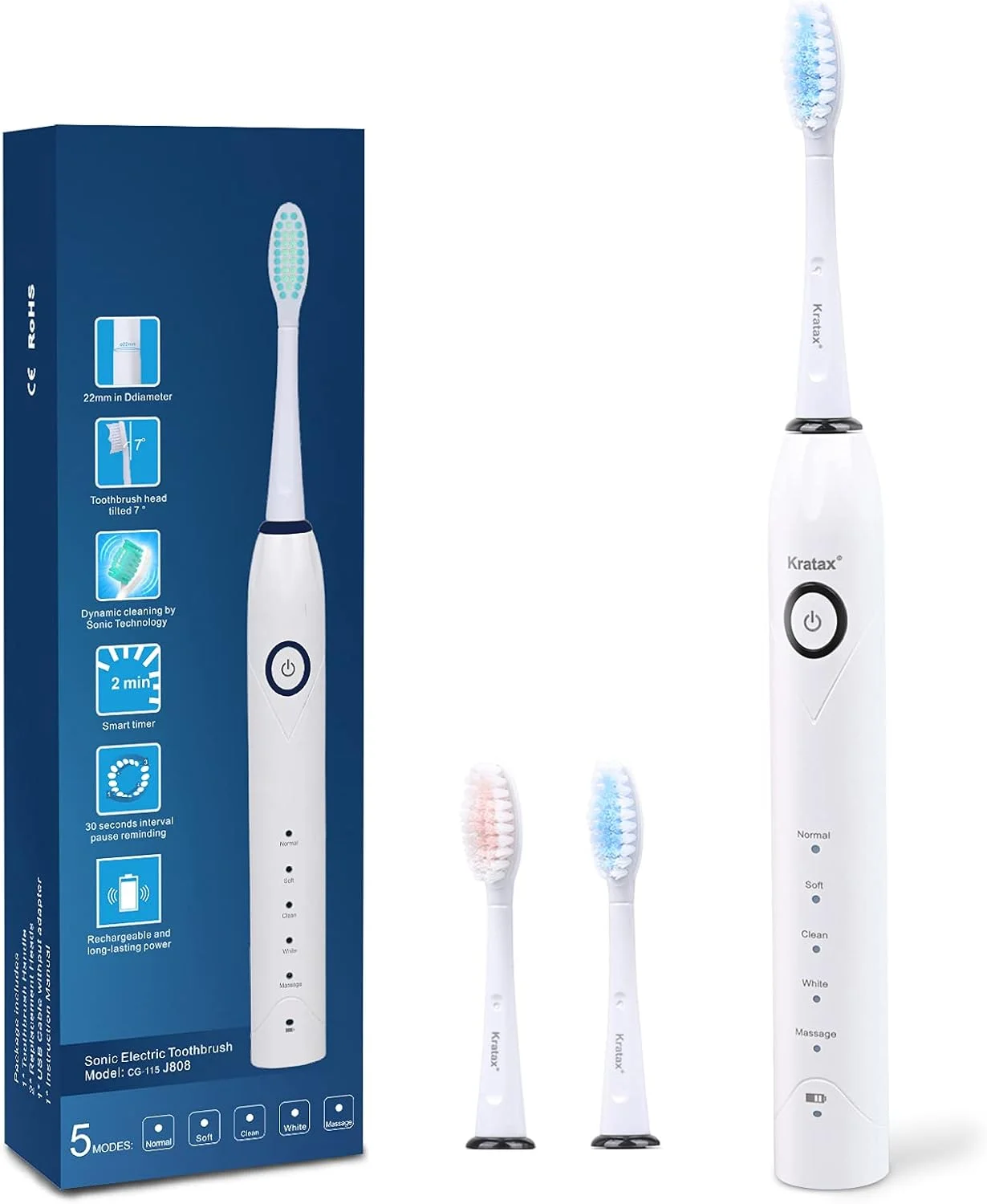 مسواک برقی Kratax، شارژ 2 ساعته، حداقل 30 روز استفاده، مسواک های صوتی با 5 حالت انتخابی، 2 سری مسواک، سفید