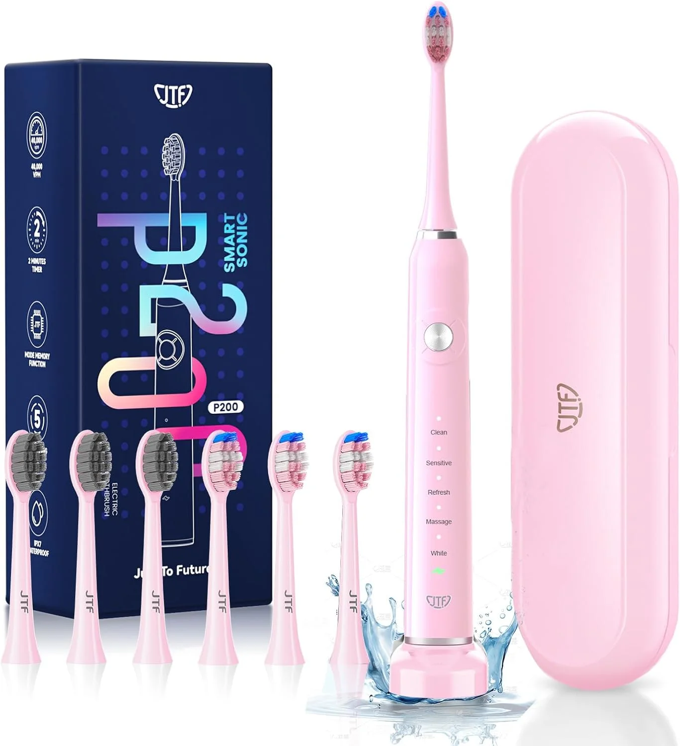 مسواک برقی صوتی JTF Sonic برای نوجوانان و بزرگسالان، مسواک الکترونیکی قابل شارژ با کیف مسافرتی، 5 حالت انتخابی، 6 سری مسواک جایگزین، 12 ساعت شارژ برای 90 روز استفاده (P200-صورتی)