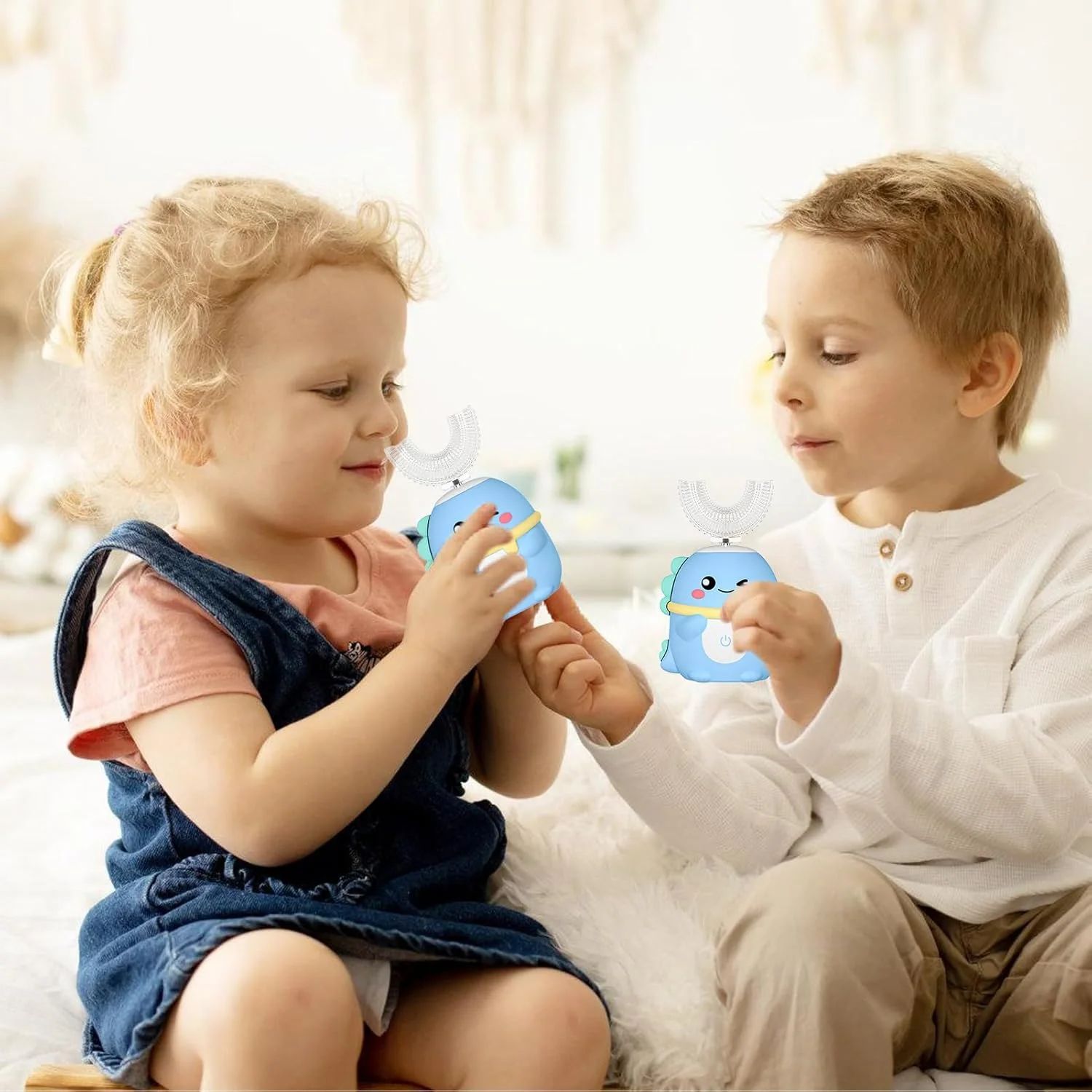 مسواک برقی U شکل کودکانه - مسواک برقی التراسونیک U شکل کودکانه، مراقبت از دهان و دندان با ویبره طرح دایناسور کارتونی برای کودکان 2 تا 6 سال، جلوگیری از پوسیدگی و تشویق به عادت مسواک زدن برای پسران و دختران