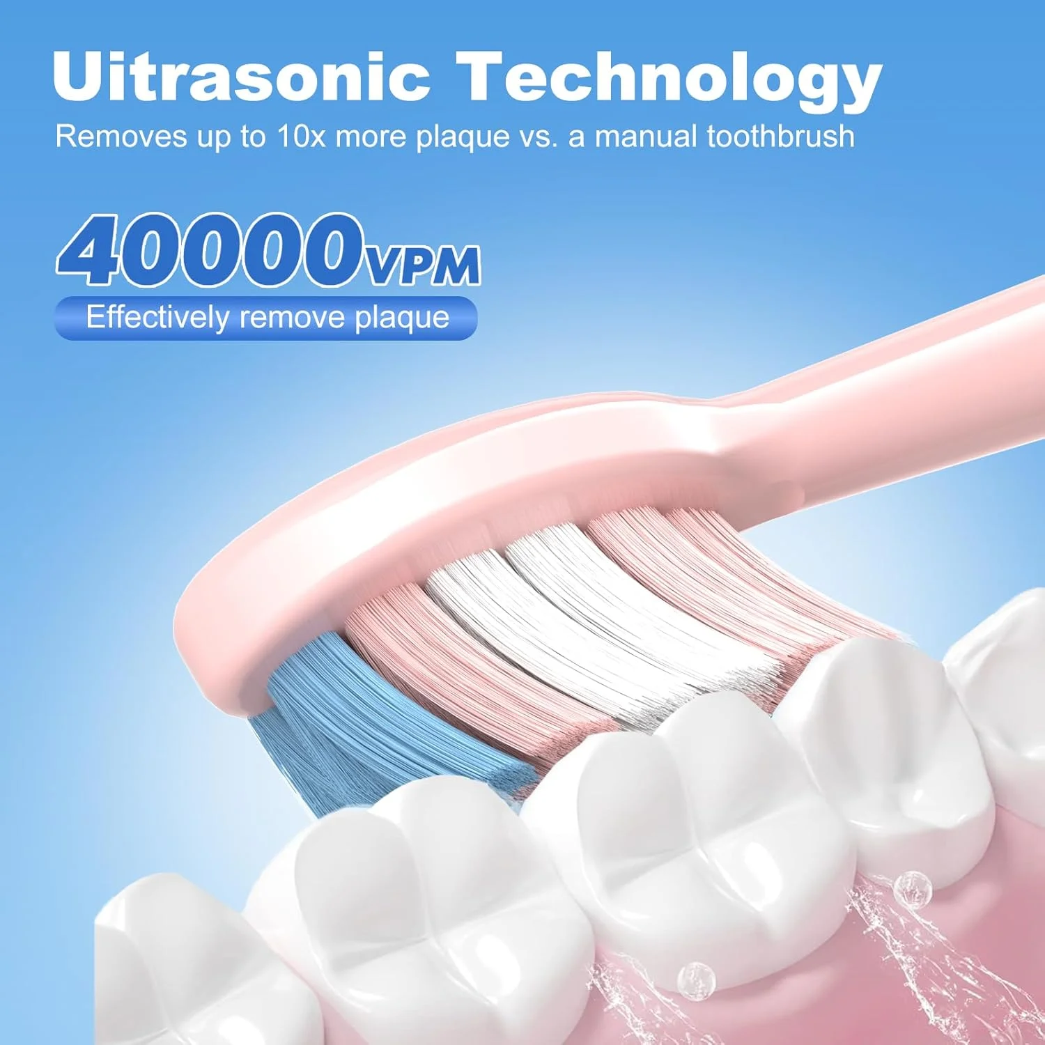 مسواک برقی صوتی JTF - با کیف مسافرتی و 6 سری مسواک، مسواک شارژ سریع با ماندگاری 60 روزه، مسواک برقی 5 حالته برای زنان، صورتی