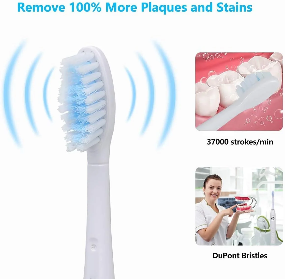 مسواک برقی Kratax، شارژ 2 ساعته، حداقل 30 روز استفاده، مسواک های صوتی با 5 حالت انتخابی، 2 سری مسواک، سفید