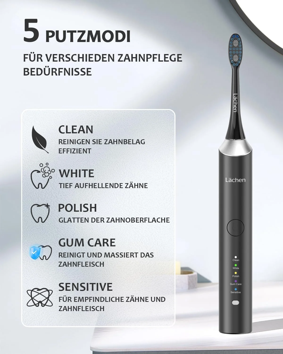 مسواک برقی لچن، مسواک صوتی، 5 برنامه تمیز کردن با کیف مسافرتی، 6 سر مسواک، قابل شارژ، ضد آب IPX7، مشکی