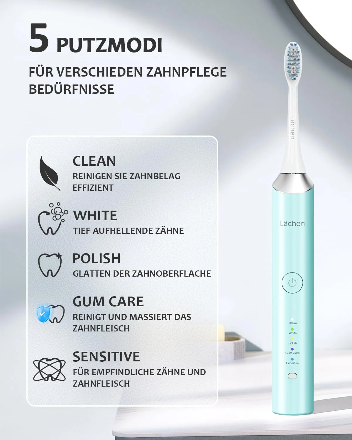 مسواک برقی لاچن، 5 برنامه تمیز کردن با کیف مسافرتی، 6 سر مسواک، قابل شارژ IPX7 ضد آب، فیروزه ای