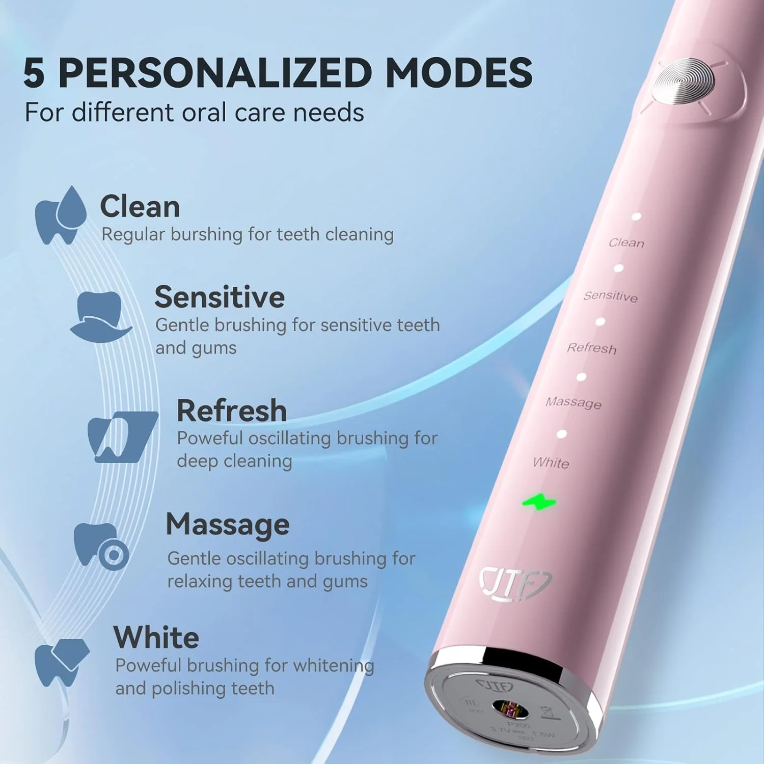 مسواک برقی صوتی JTF Sonic برای نوجوانان و بزرگسالان، مسواک الکترونیکی قابل شارژ با کیف مسافرتی، 5 حالت انتخابی، 6 سری مسواک جایگزین، 12 ساعت شارژ برای 90 روز استفاده (P200-صورتی)