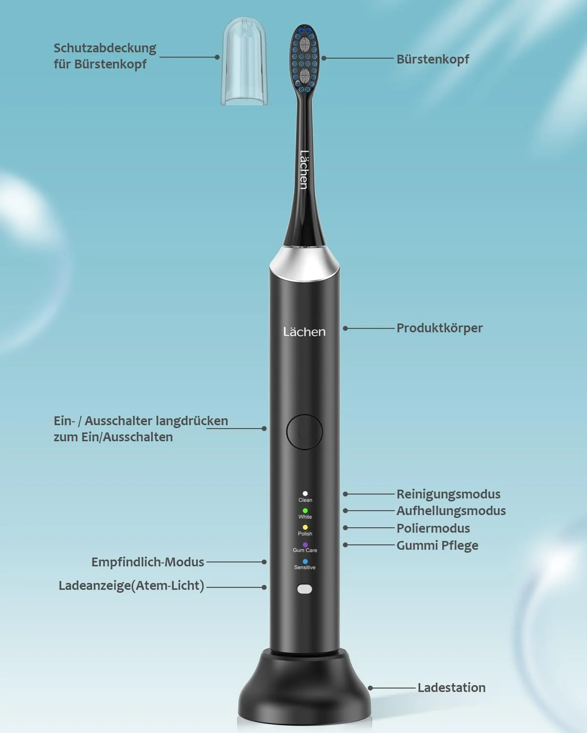 مسواک برقی لچن، مسواک صوتی، 5 برنامه تمیز کردن با کیف مسافرتی، 6 سر مسواک، قابل شارژ، ضد آب IPX7، مشکی
