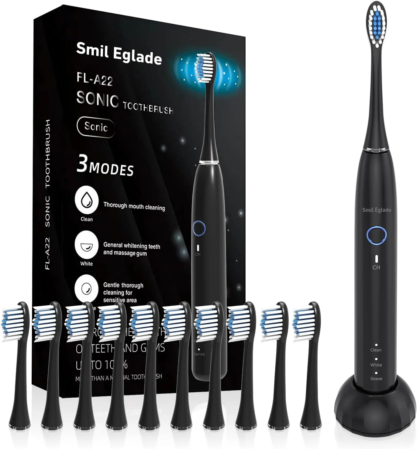 مسواک برقی صوتی شارژی NBGRLVS برای بزرگسالان با 4 سر برس، 3 حالت، تایمر هوشمند 2 دقیقه ای و شارژ سریع 6 ساعته - ایده آل برای مسافرت و مراقبت آسان از دندان (مشکی)