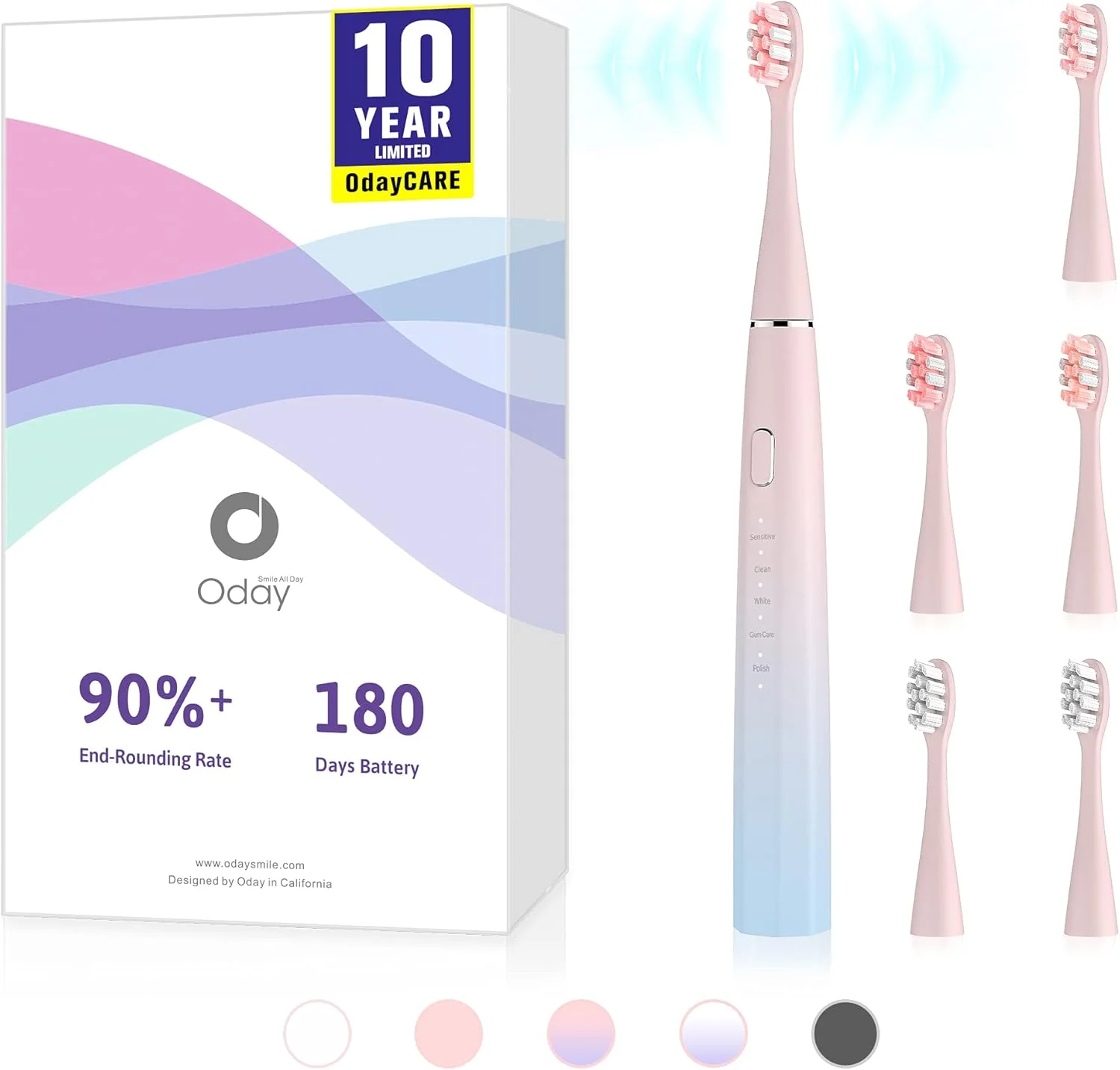مسواک برقی صوتی Oday N9000 Sonic، دارای ۹۰% انتهای گرد، باتری ۲۰۰۰ میلی آمپر ساعتی (۱۸۰ روز)، ضد آب IPX7، ۴۳۰۰۰ VPM (موتور صوتی 3S نسل دوم)، ۵ حالت با تایمر هوشمند، ۶ سر برس
