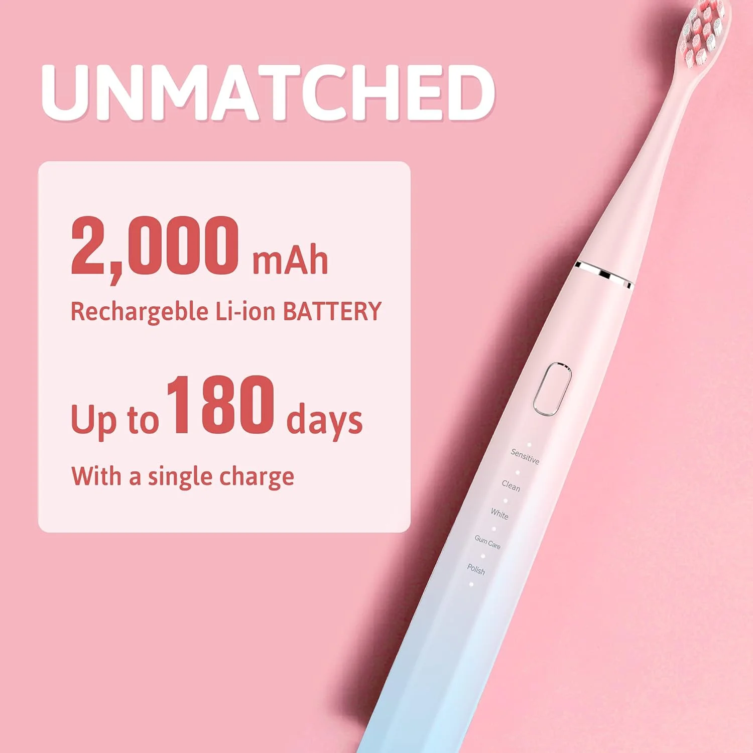 مسواک برقی صوتی Oday N9000 Sonic، دارای ۹۰% انتهای گرد، باتری ۲۰۰۰ میلی آمپر ساعتی (۱۸۰ روز)، ضد آب IPX7، ۴۳۰۰۰ VPM (موتور صوتی 3S نسل دوم)، ۵ حالت با تایمر هوشمند، ۶ سر برس