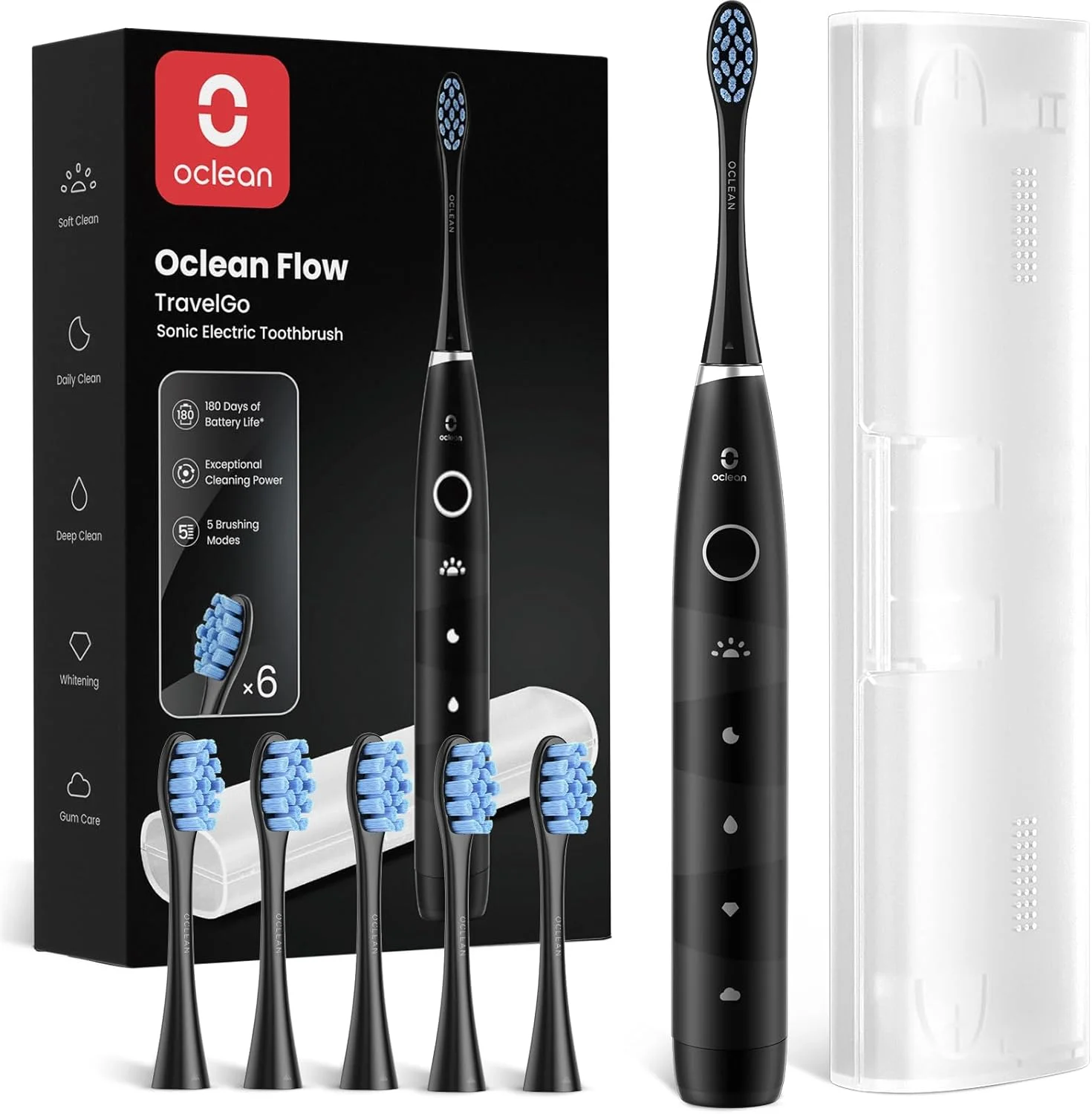 ست مسافرتی مسواک برقی Oclean Flow TravelGo، مسواک صوتی با 180 روز عمر باتری به همراه کیف مسافرتی، مسواک برقی صوتی 5 حالته با 6 سر مسواک و استاندارد ضدآب IPX7، مشکی