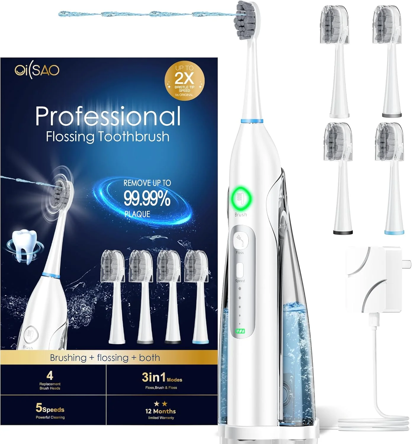 مسواک برقی OILSAO با نخ دندان آبی: مراقبت کامل از دهان و دندان با 3 حالت پاکسازی صوتی، 5 سرعت نخ دندان کشی، 4 سری مسواک، قابل حمل برای تمیز کردن دندان های بزرگسالان و از بین بردن پلاک، سفید